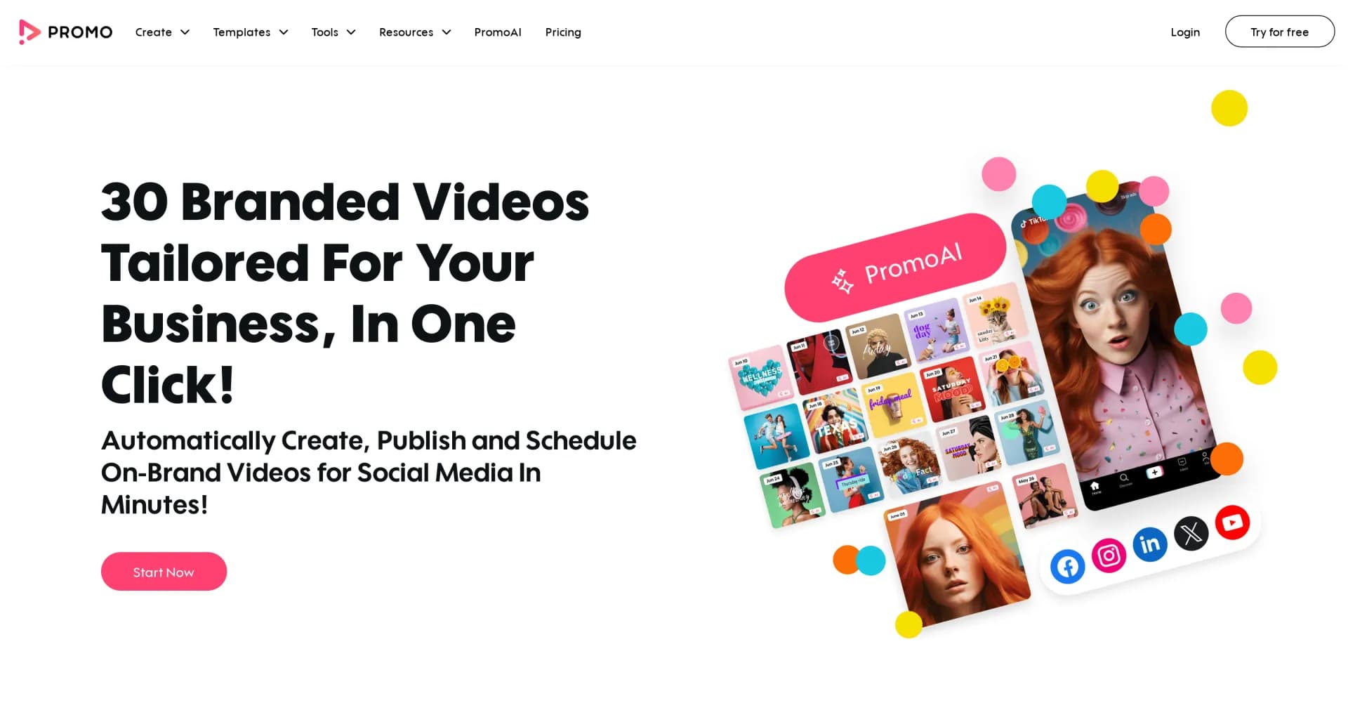 PromoAI Content Planner homepage screenshot — AI-powered video creation for social media in minutes.