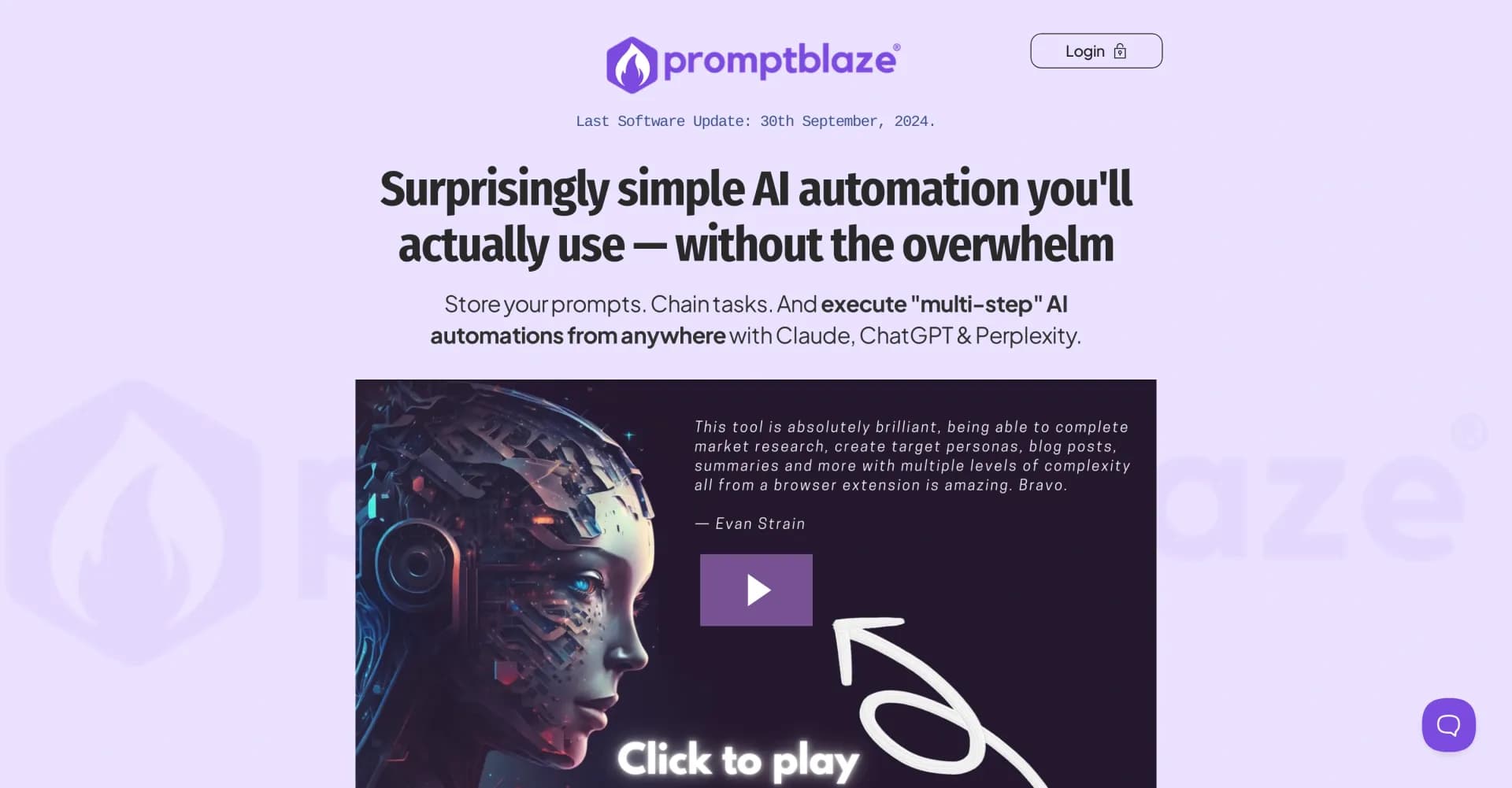 Prompt Blaze homepage screenshot — Simplify AI automation with easy prompt chaining