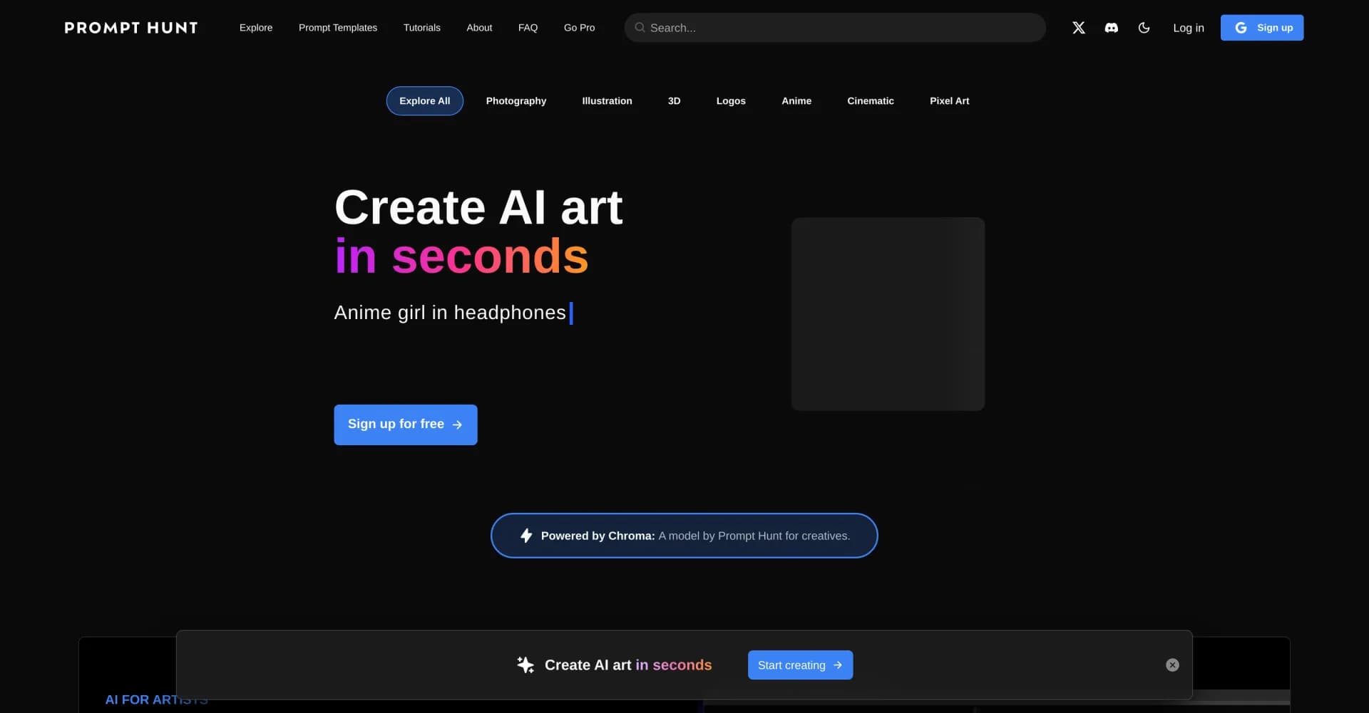 Prompt Hunt homepage screenshot — Create, explore, and share AI art instantly