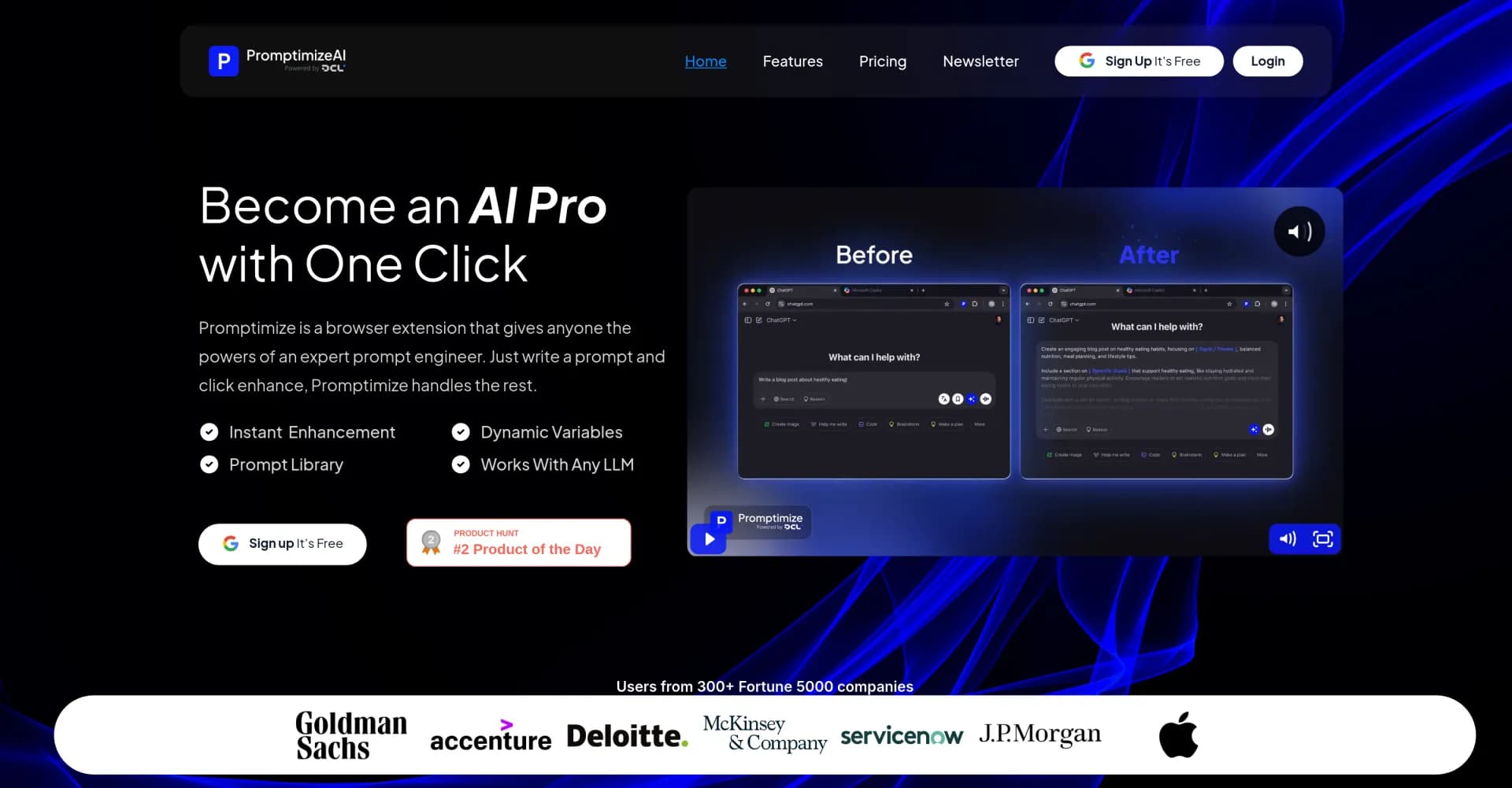 Promptimize AI homepage screenshot — Elevate AI prompts with one click