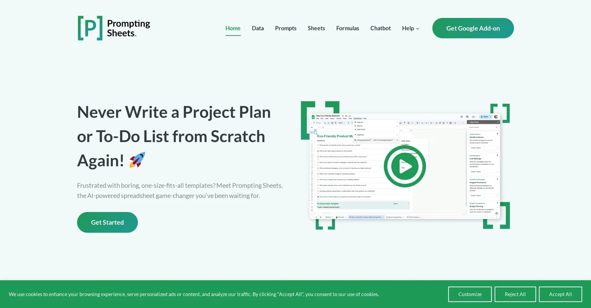Prompting Sheets homepage screenshot — AI-powered spreadsheets for Google Sheets