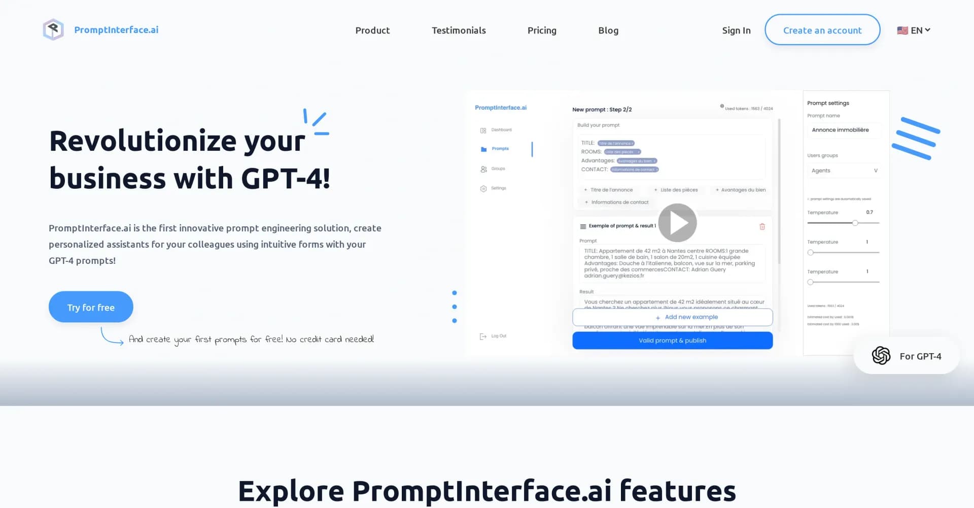 PromptInterface.ai homepage screenshot — Create personalized AI assistants with intuitive forms