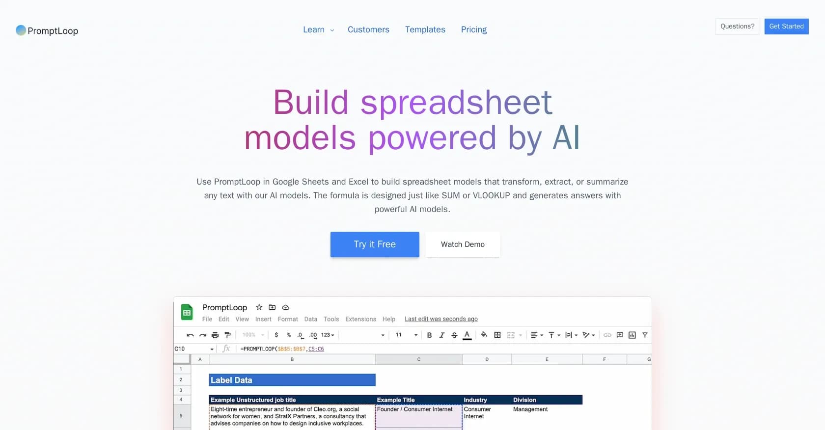 PromptLoop homepage screenshot — AI-powered formulas for Google Sheets and Excel