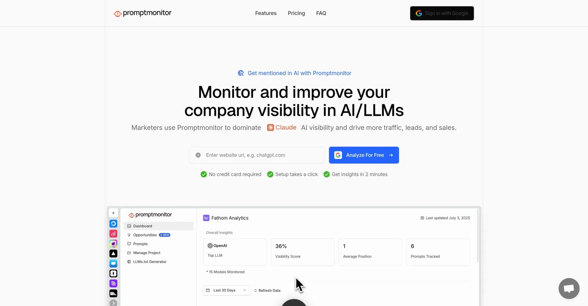 Promptmonitor homepage screenshot — Get mentioned in ChatGPT, Gemini and other AI/LLMs