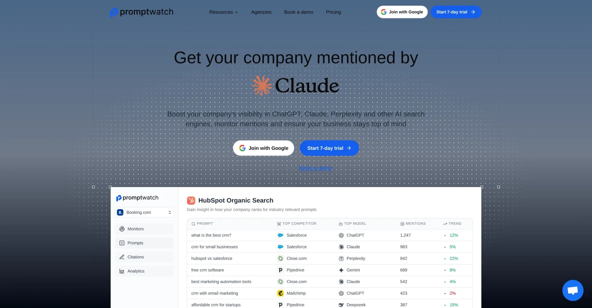 Promptwatch homepage screenshot — Boost your company's visibility in AI search results