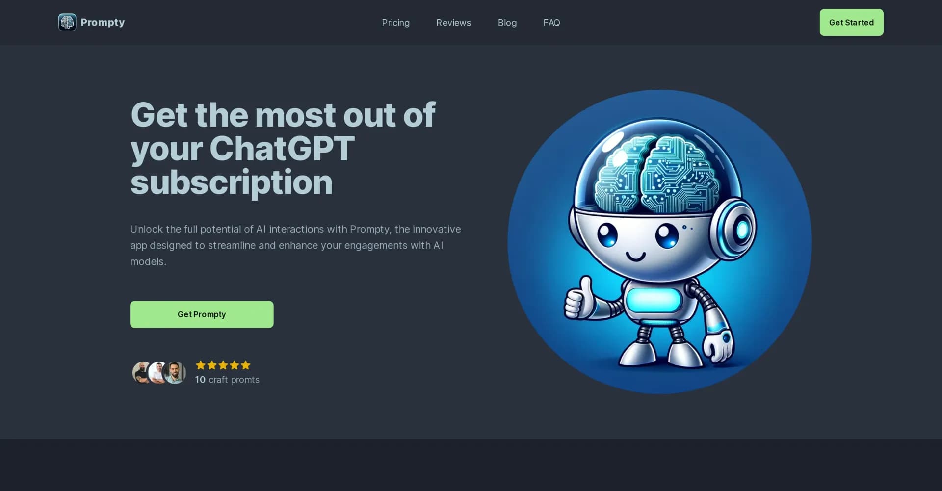 Prompty App homepage screenshot — Unlock AI's potential with expertly crafted prompts.