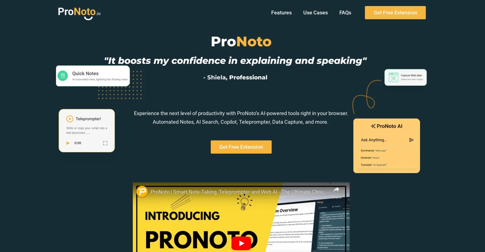 ProNoto homepage screenshot — AI-powered teleprompter and web intelligence tool