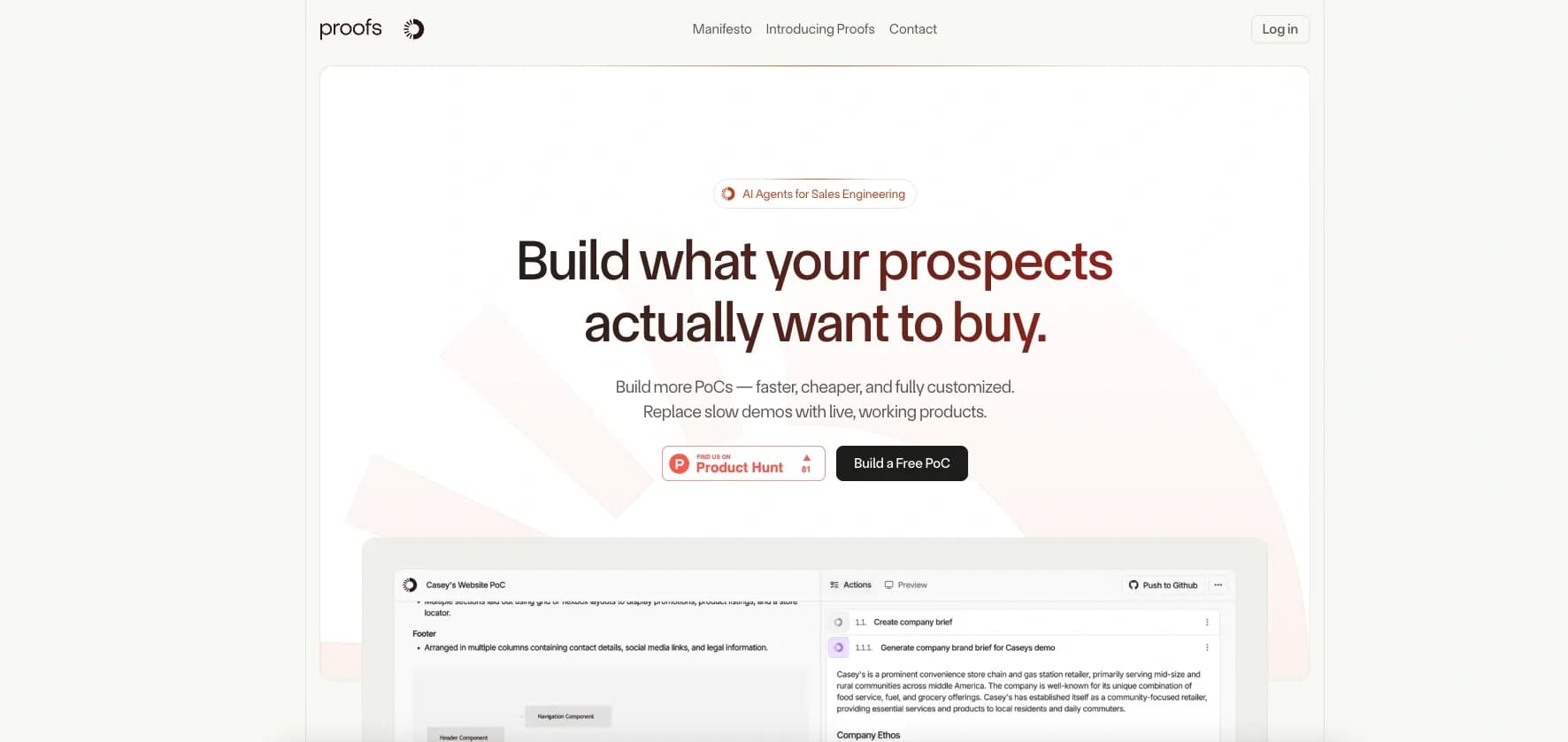 Proofs.io homepage screenshot — Build customized Proof-of-Concepts (POCs) and full applicati