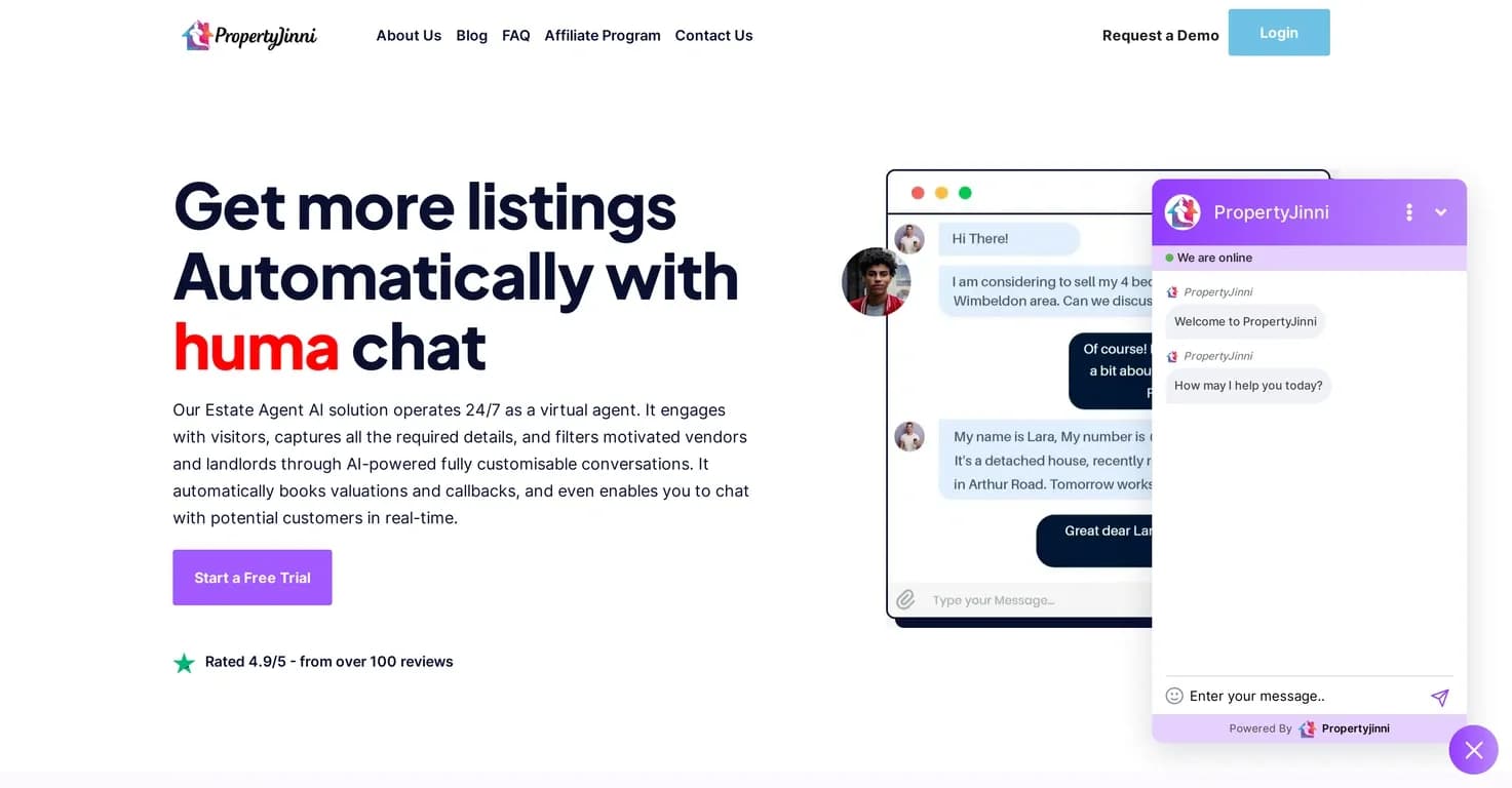 PropertyJinni homepage screenshot — AI chatbot boosts UK estate agent revenues 24/7