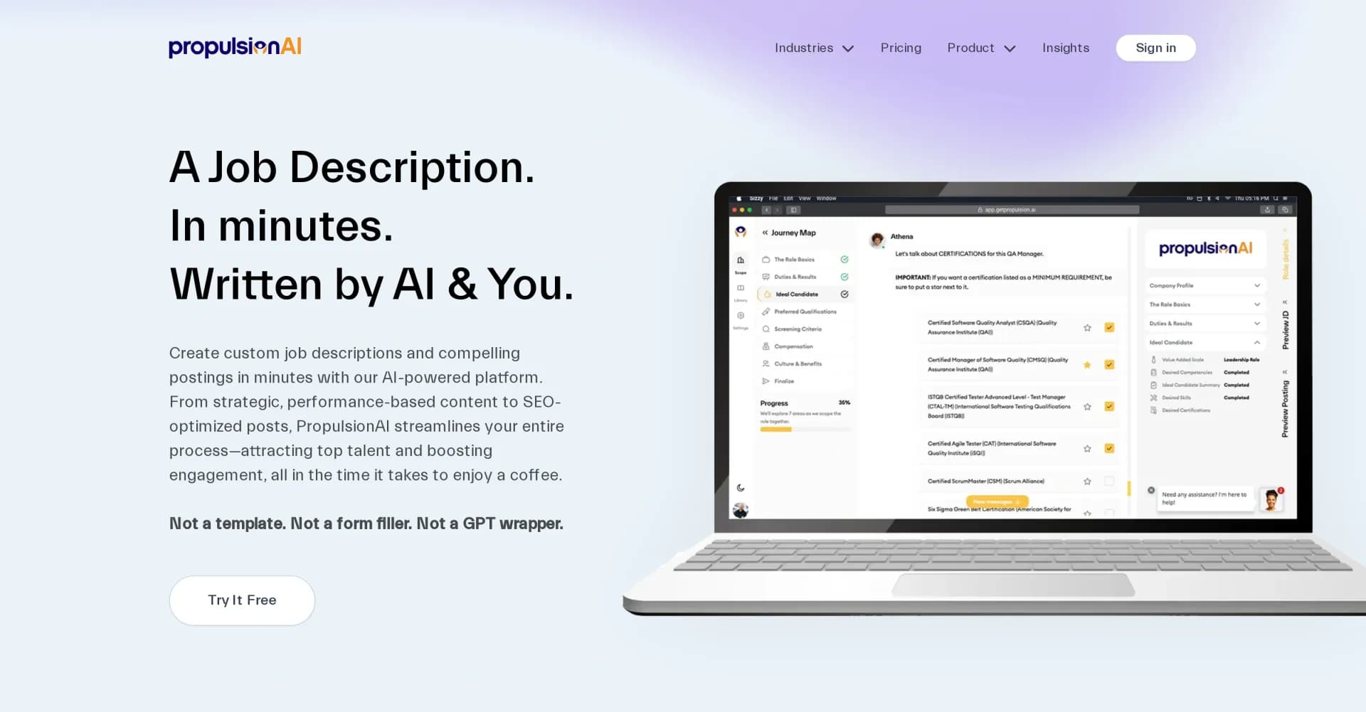 PropulsionAI homepage screenshot — Craft custom job descriptions effortlessly with AI.