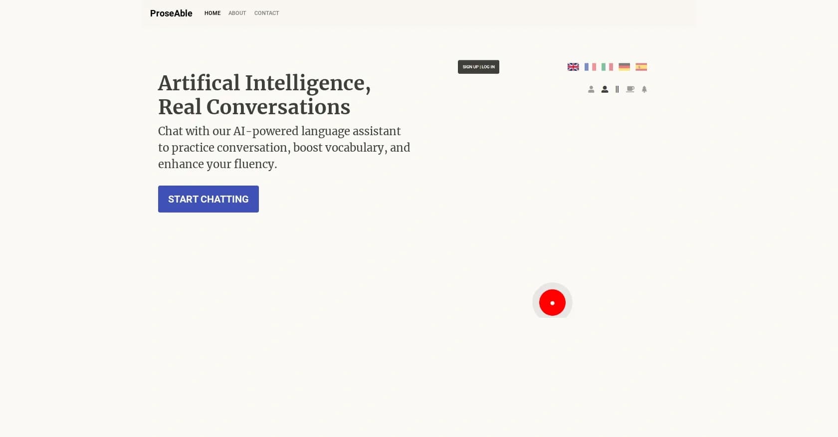 Proseable homepage screenshot — Chat with AI to boost language fluency.