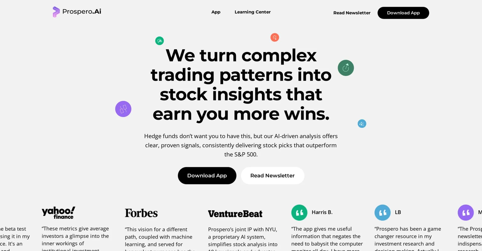 Prospero.ai homepage screenshot — Turning complex trading patterns into stock insights for mor