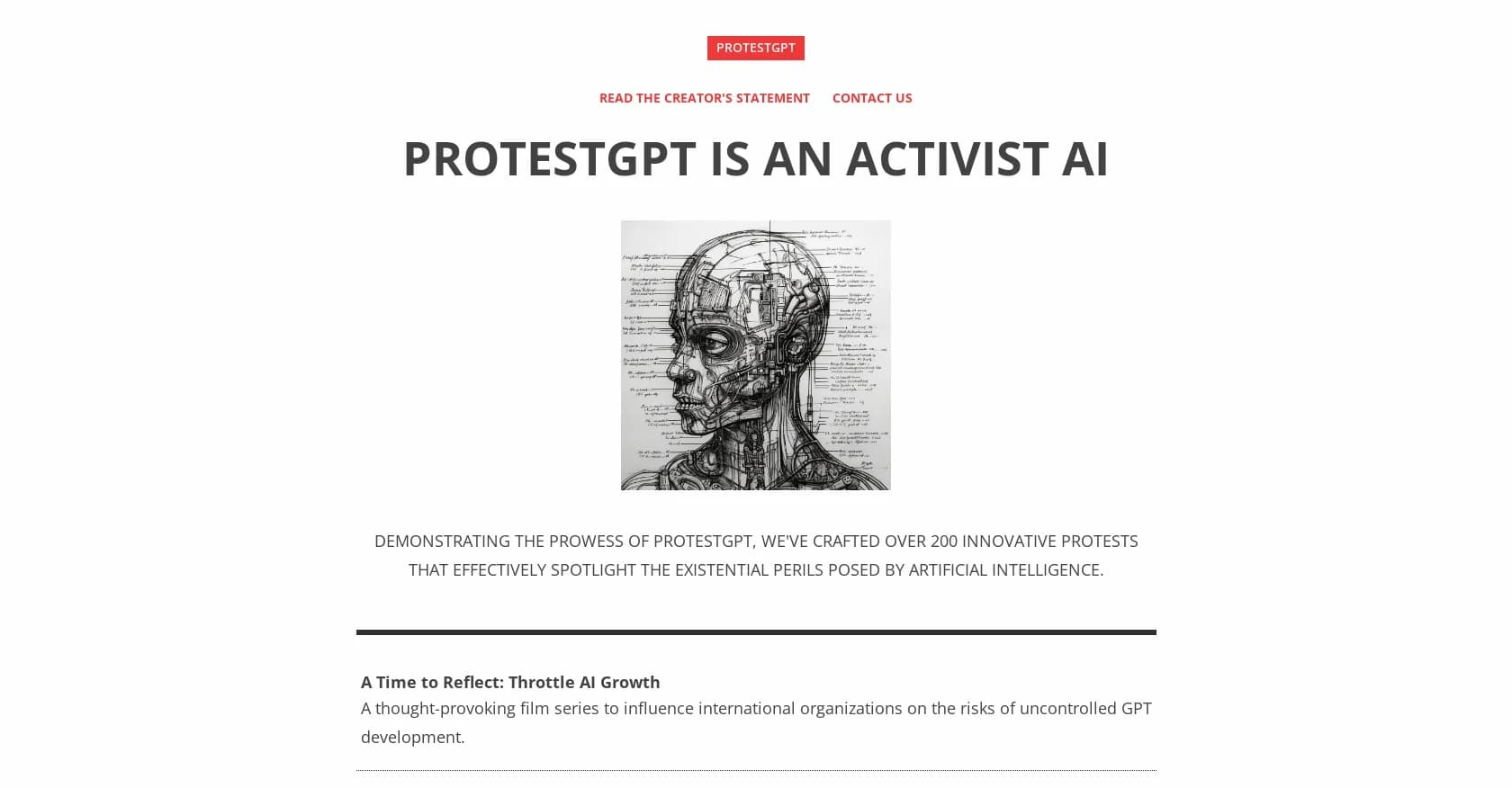 ProtestGPT homepage screenshot — Craft innovative protests against AI dangers