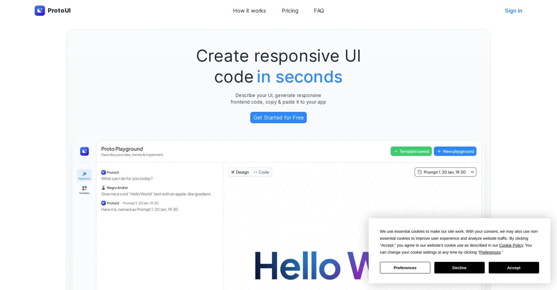 ProtoUI homepage screenshot — Generate responsive UI code in seconds