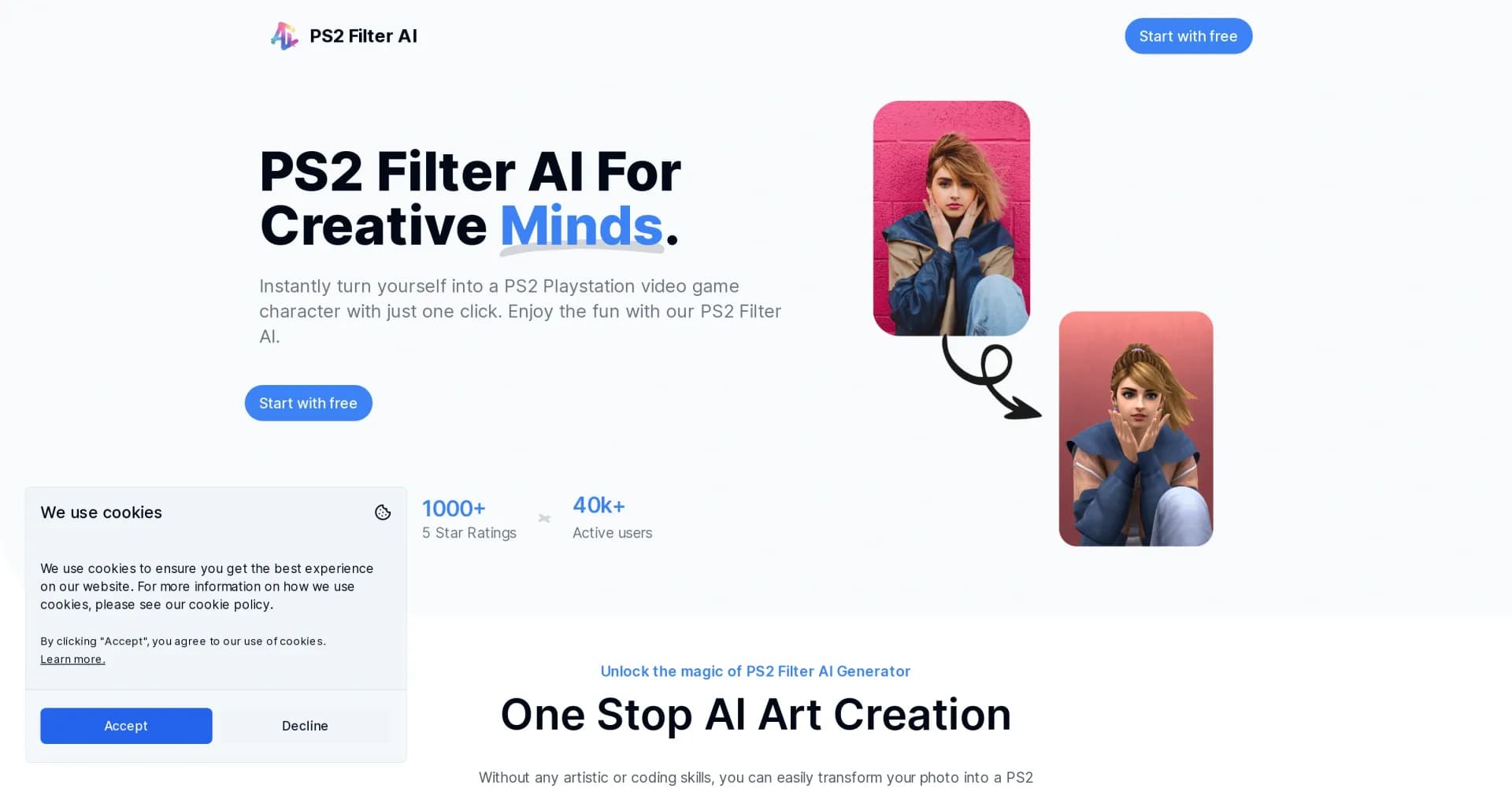 PS2 Filter AI homepage screenshot — Transform photos into PS2 game characters instantly.