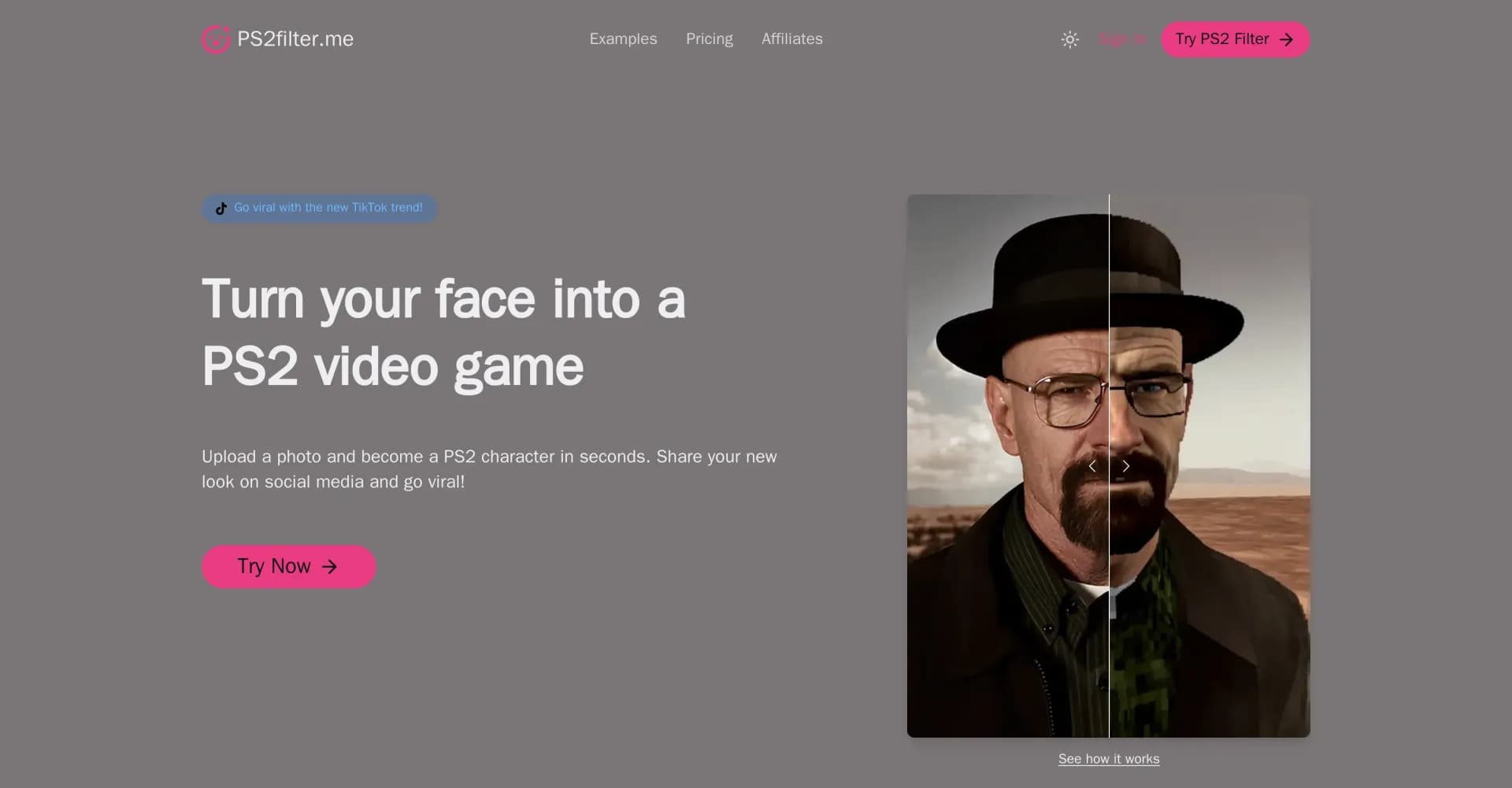 PS2filter homepage screenshot — Turn your face into a PS2 video game character.