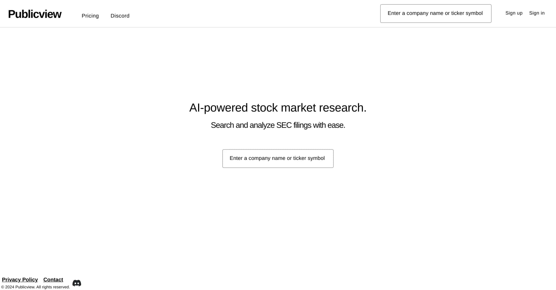 Publicview homepage screenshot — AI-powered stock research that simplifies SEC filings.