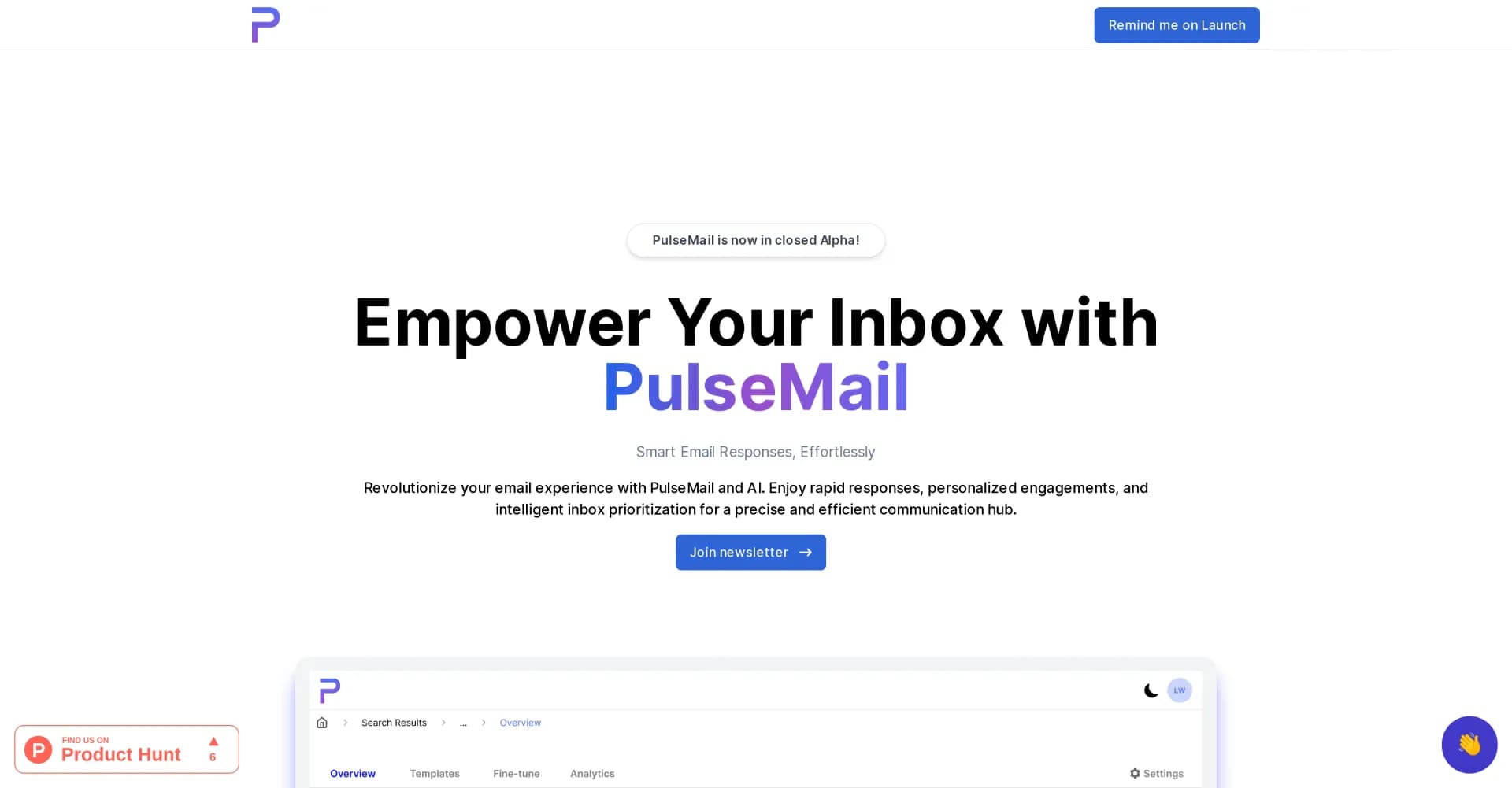 PulseMail homepage screenshot — AI-powered email assistant for smart, effortless responses.