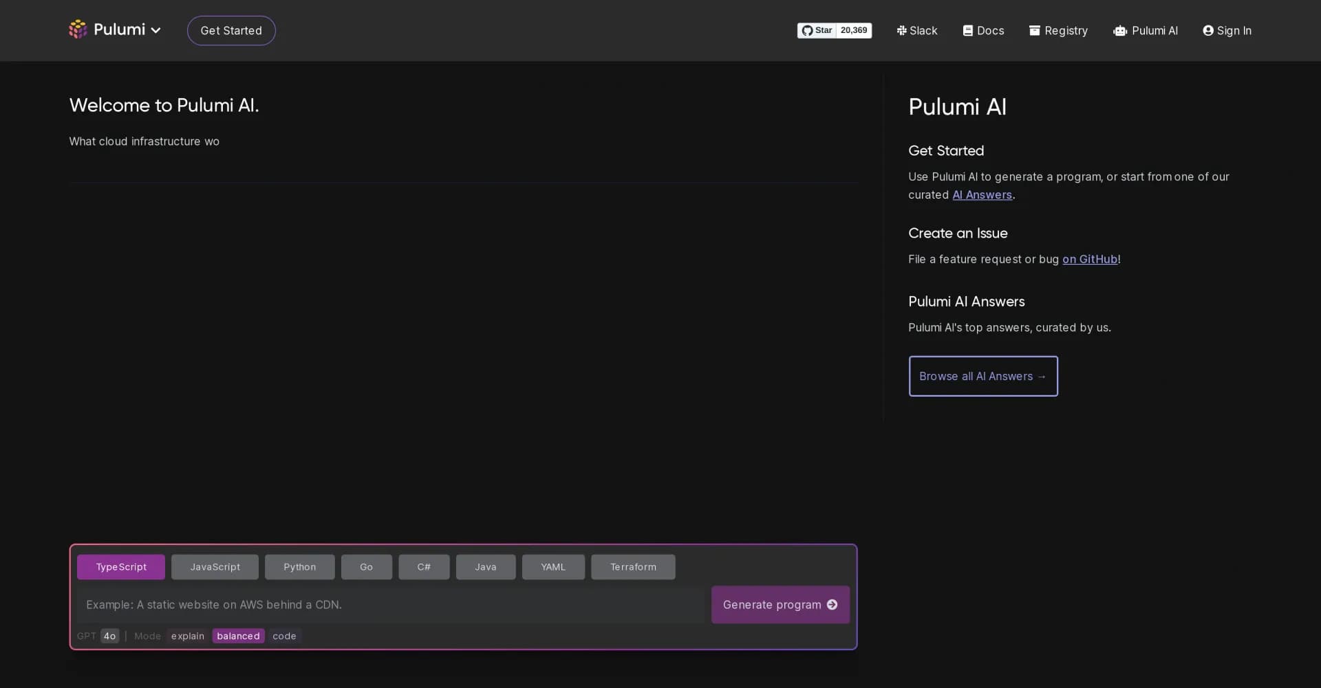 Pulumi homepage screenshot — Generate infrastructure-as-code with natural language prompt