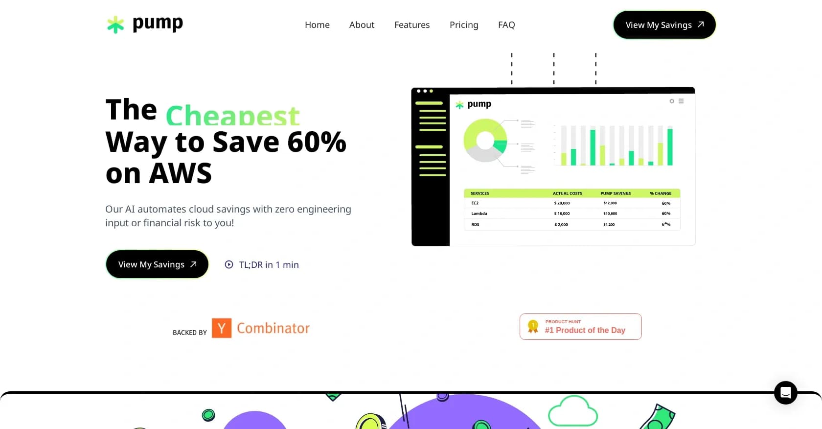 Pump homepage screenshot — AI-powered cloud savings with zero engineering effort