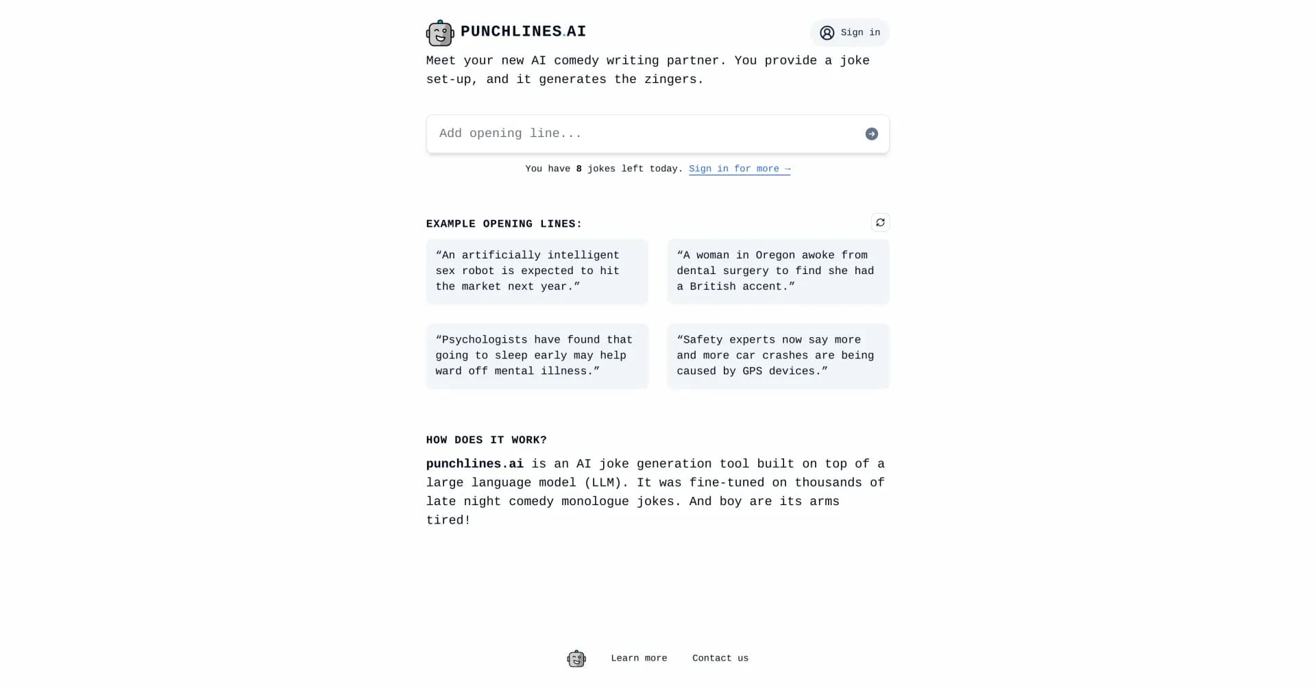 Punchlines AI homepage screenshot — AI generates jokes from your setup lines.