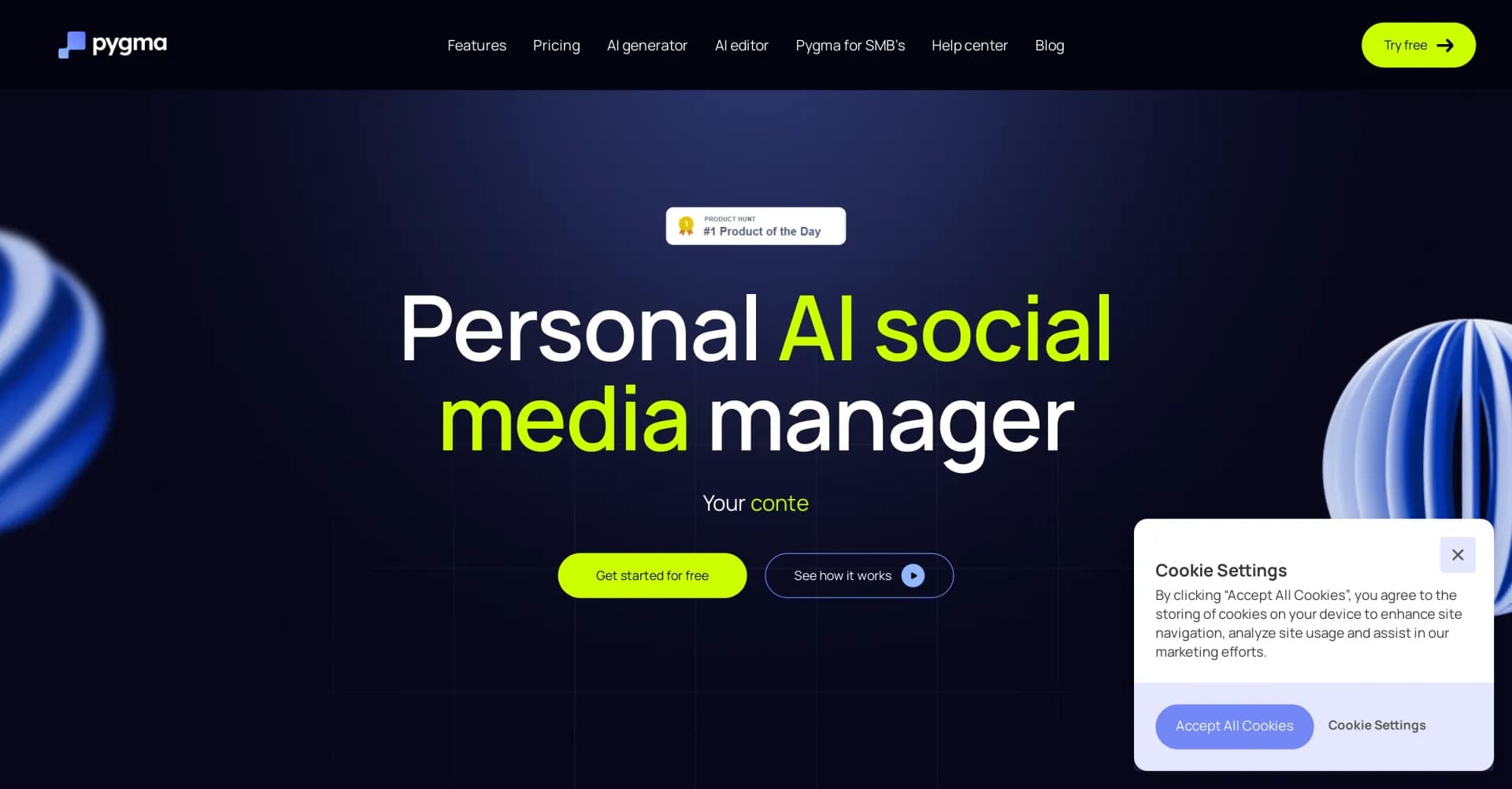 Pygma homepage screenshot — Personal AI social media manager