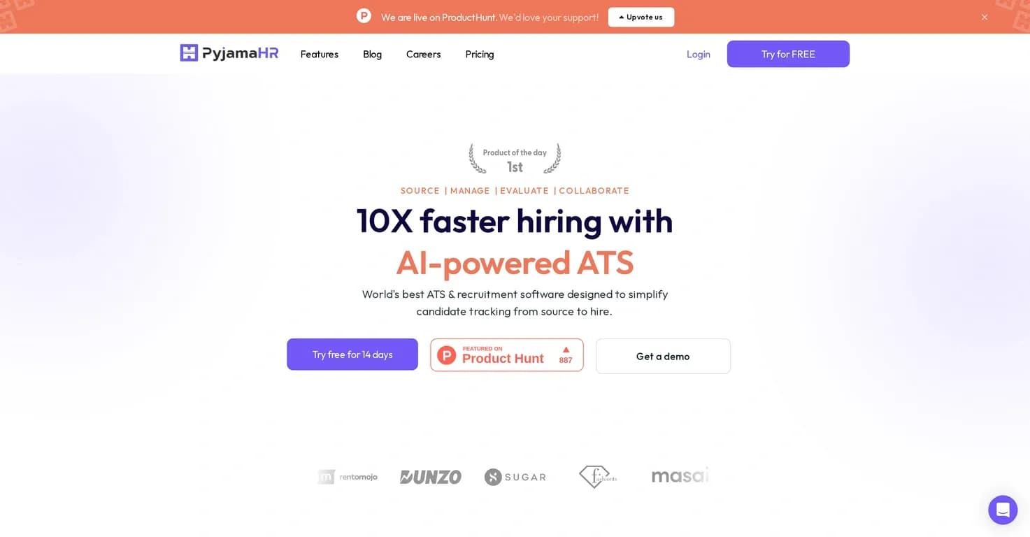 PyjamaHR homepage screenshot — Simplify candidate tracking from source to hire.