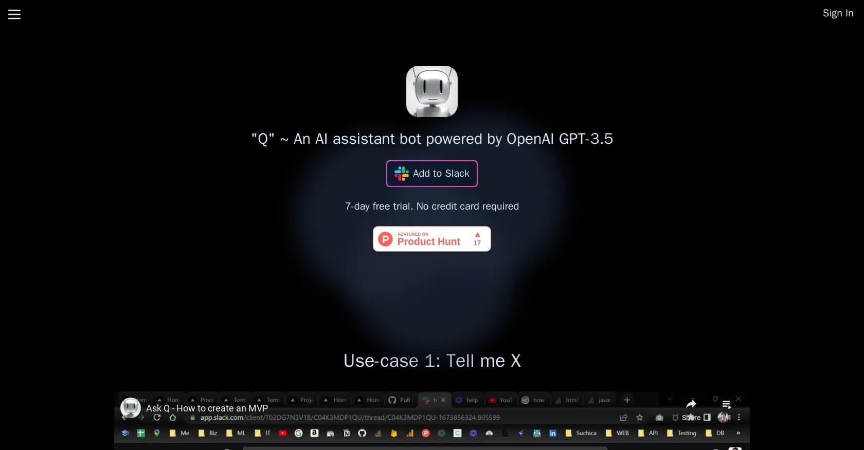 Q Slack Chatbot homepage screenshot — AI assistant bot for Slack powered by GPT-3.5