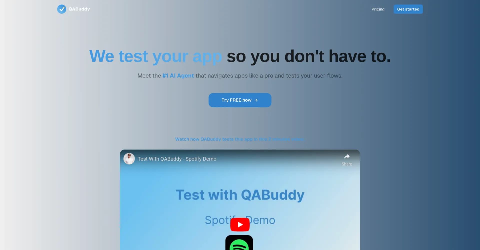 QABuddy homepage screenshot — AI agent that tests your app like a pro.