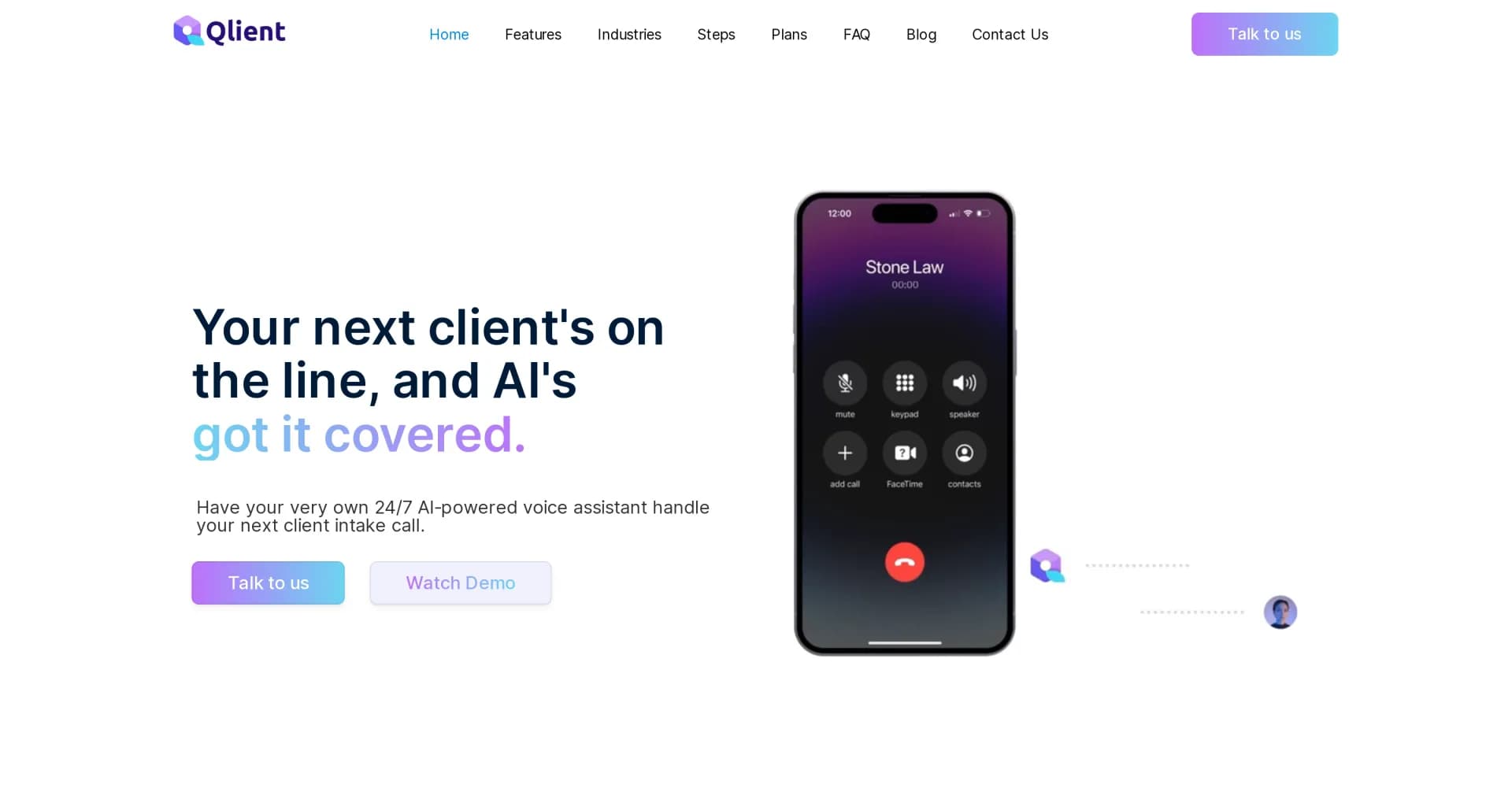 Qlient homepage screenshot — 24/7 AI voice assistant for automated client intake.