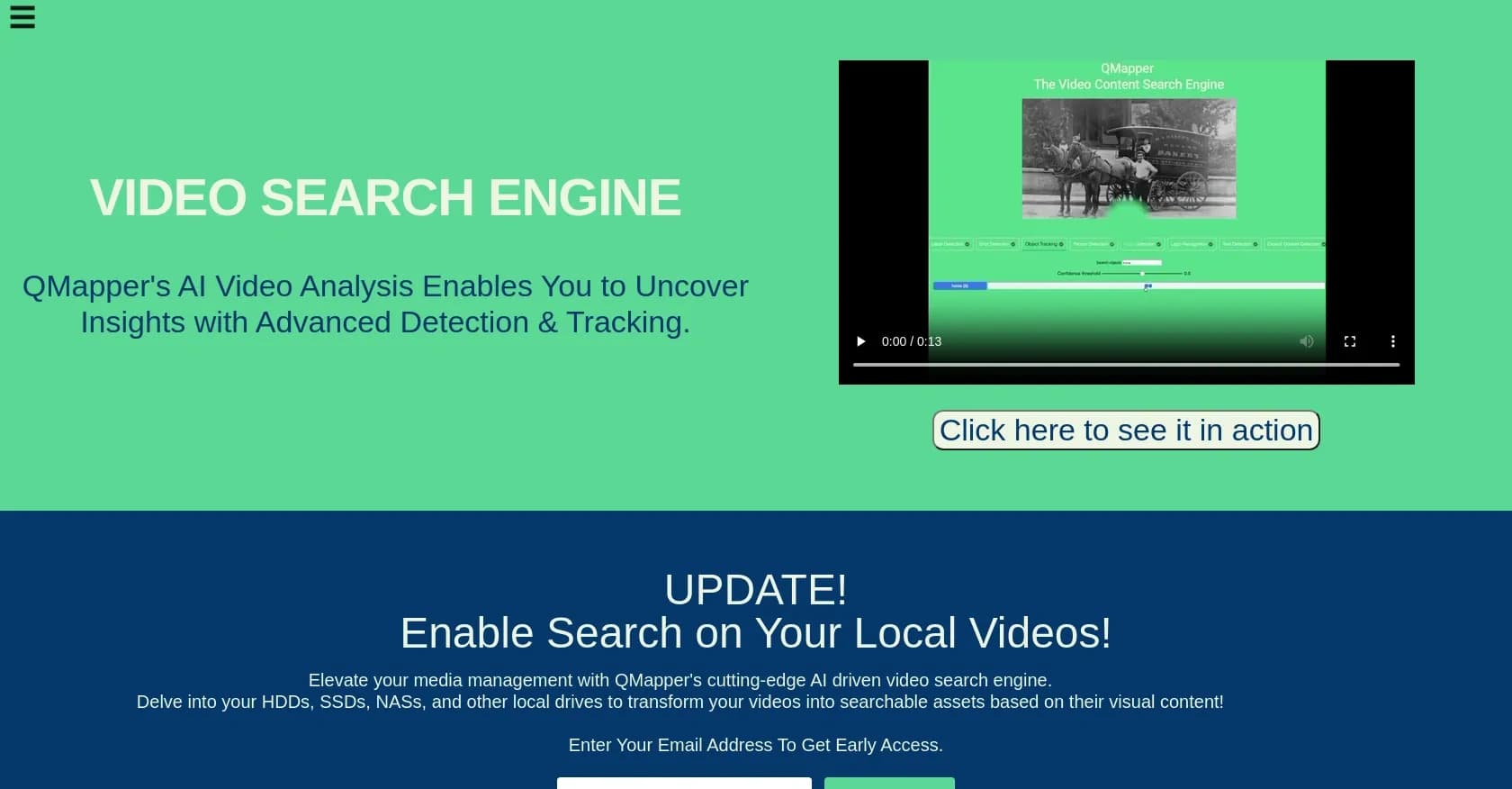 QMapper homepage screenshot — AI-powered video search for instant insights.