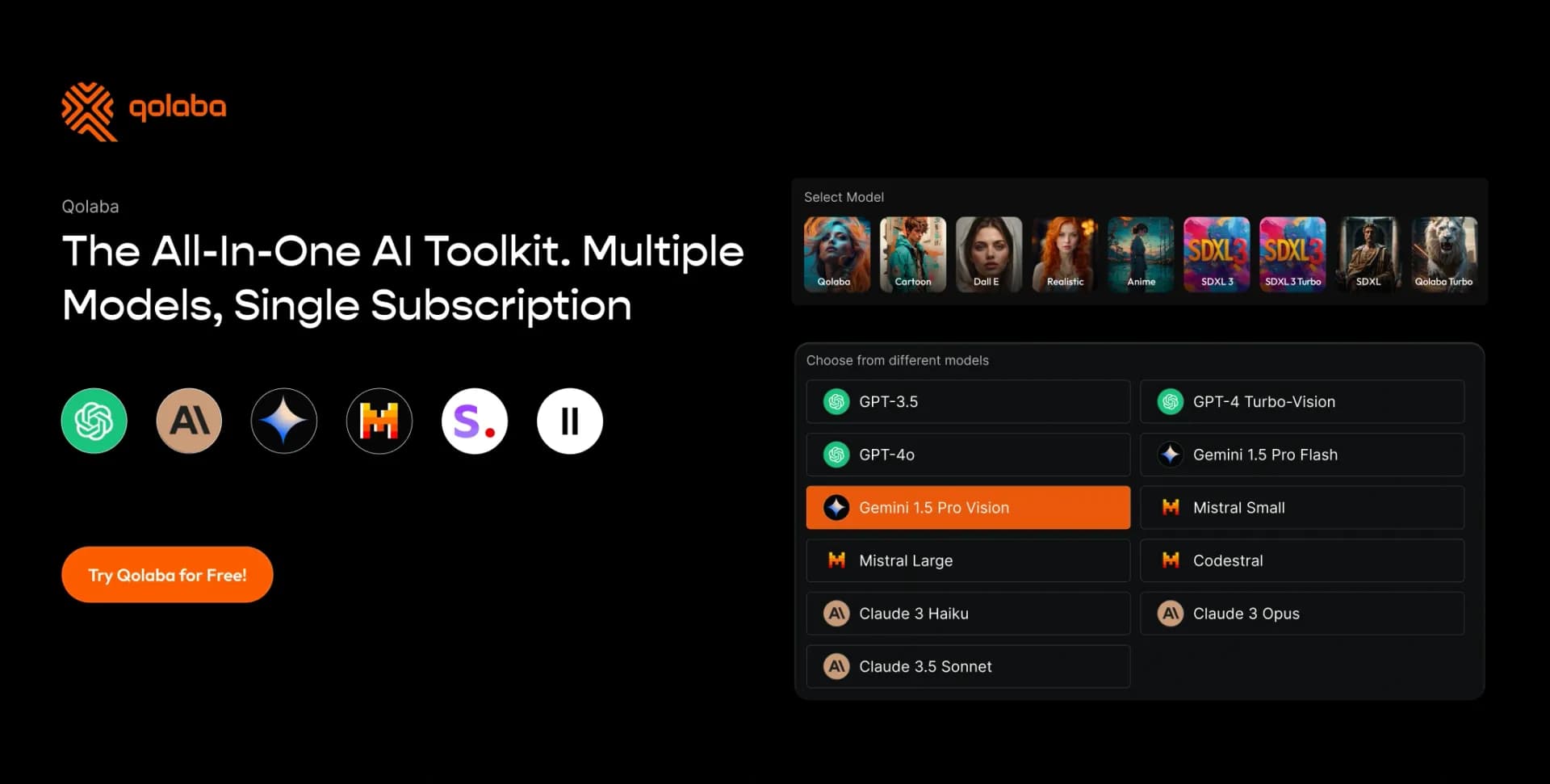 Qolaba AI homepage screenshot — The All-In-One AI Toolkit. Multiple Models, Single Subscript
