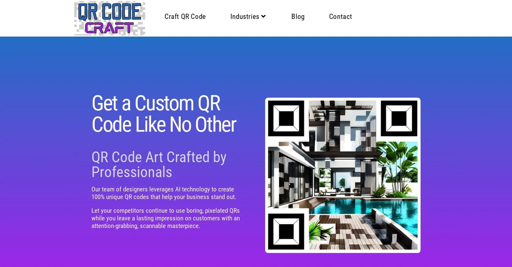 QR Code Craft homepage screenshot — Create unique AI-crafted QR codes that stand out