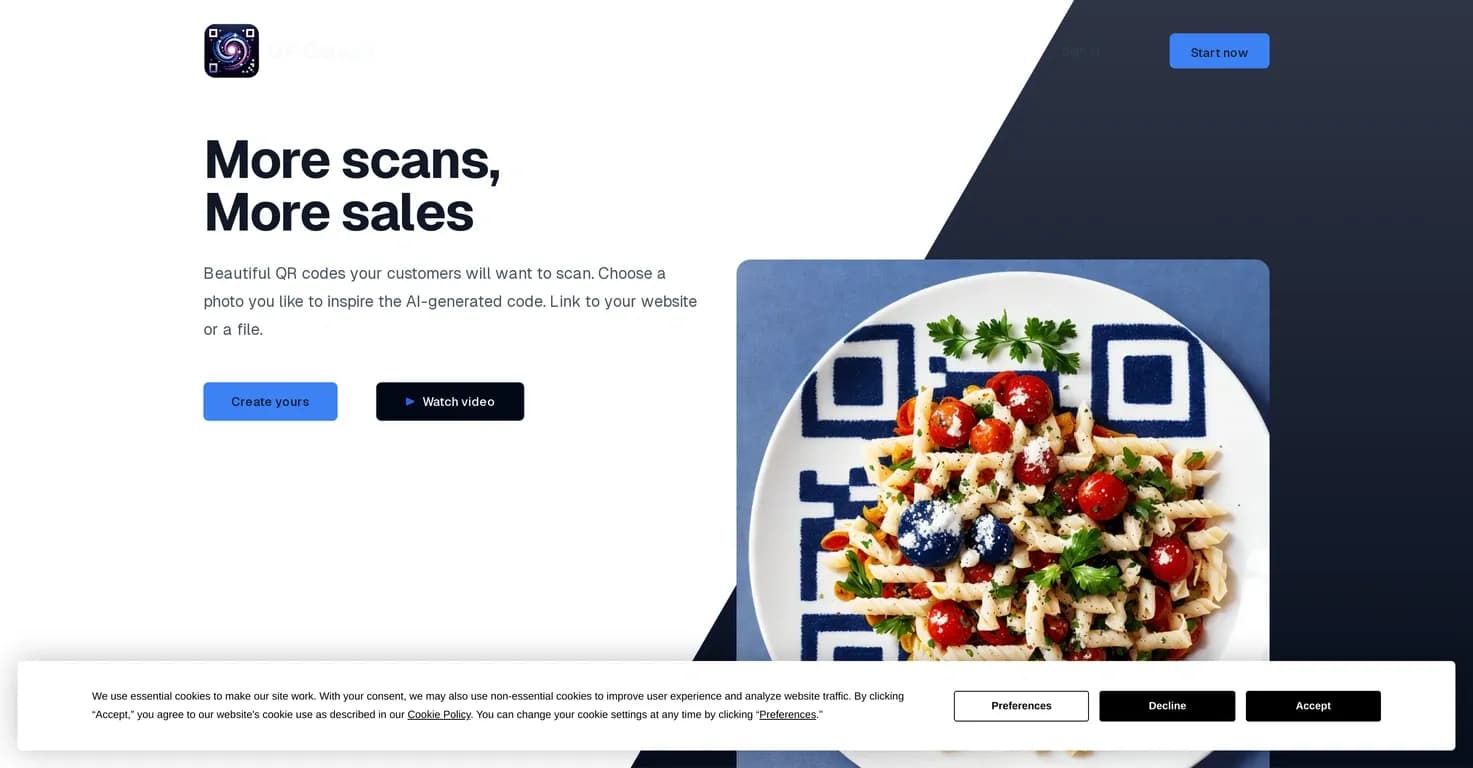QR Galaxy homepage screenshot — Generate beautiful, AI-inspired QR codes for your business