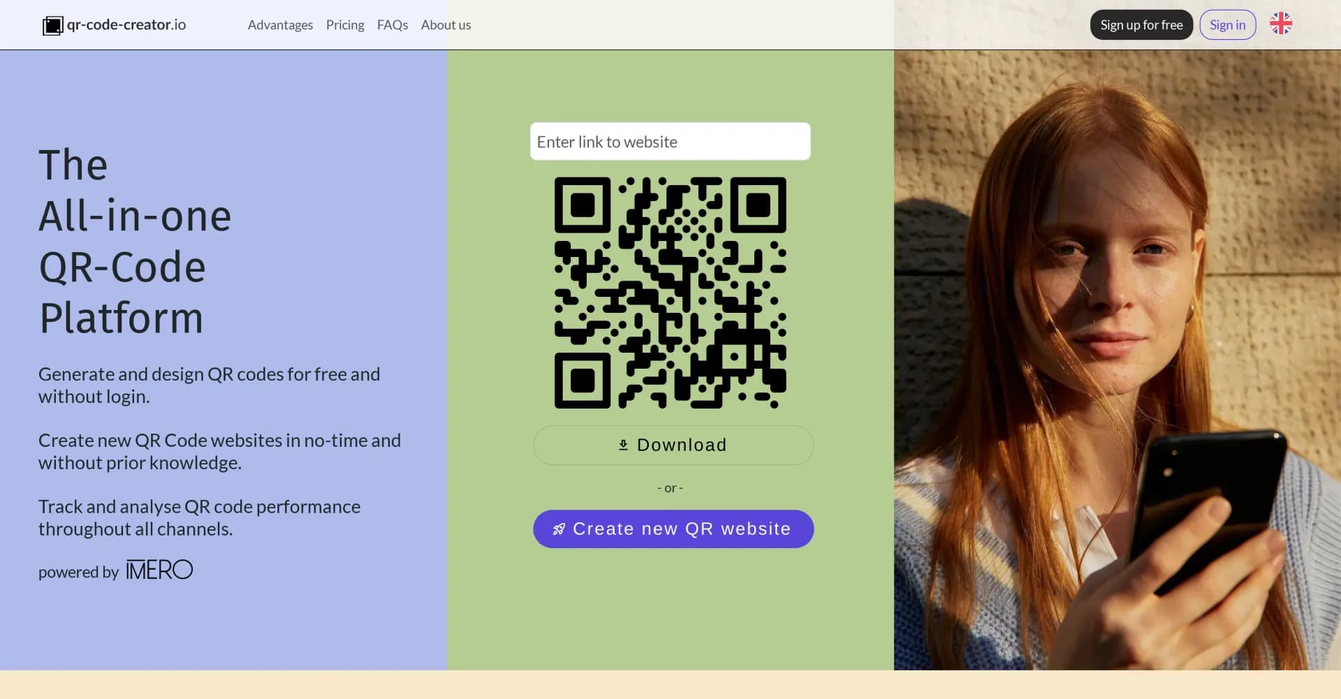 QRCodeCreator.io homepage screenshot — Generate, design, and track QR codes effortlessly.
