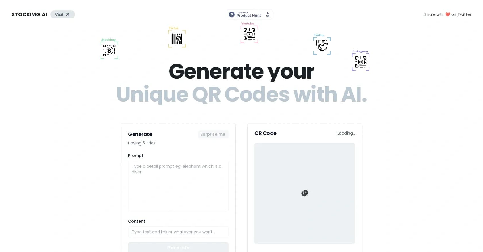 QRCodes by Stockimg homepage screenshot — Generate dynamic QR codes with AI-powered precision.