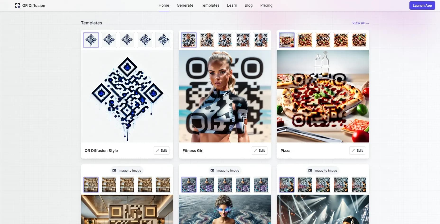 QRDiffusion homepage screenshot — Stylish personalized QR codes with design options.