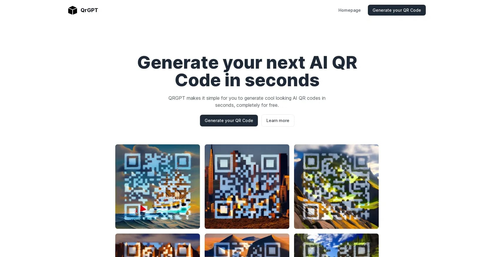 QRGPT homepage screenshot — Generate cool AI QR codes in seconds, free.
