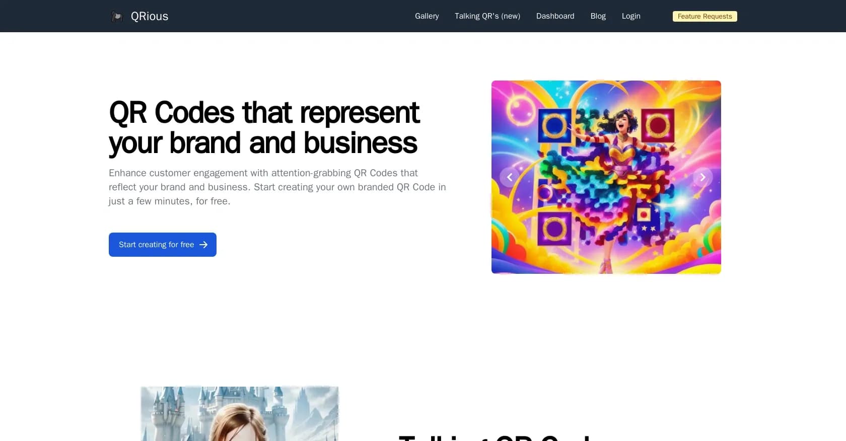 Qrious homepage screenshot — Create AI-generated artistic QR codes that wow customers.
