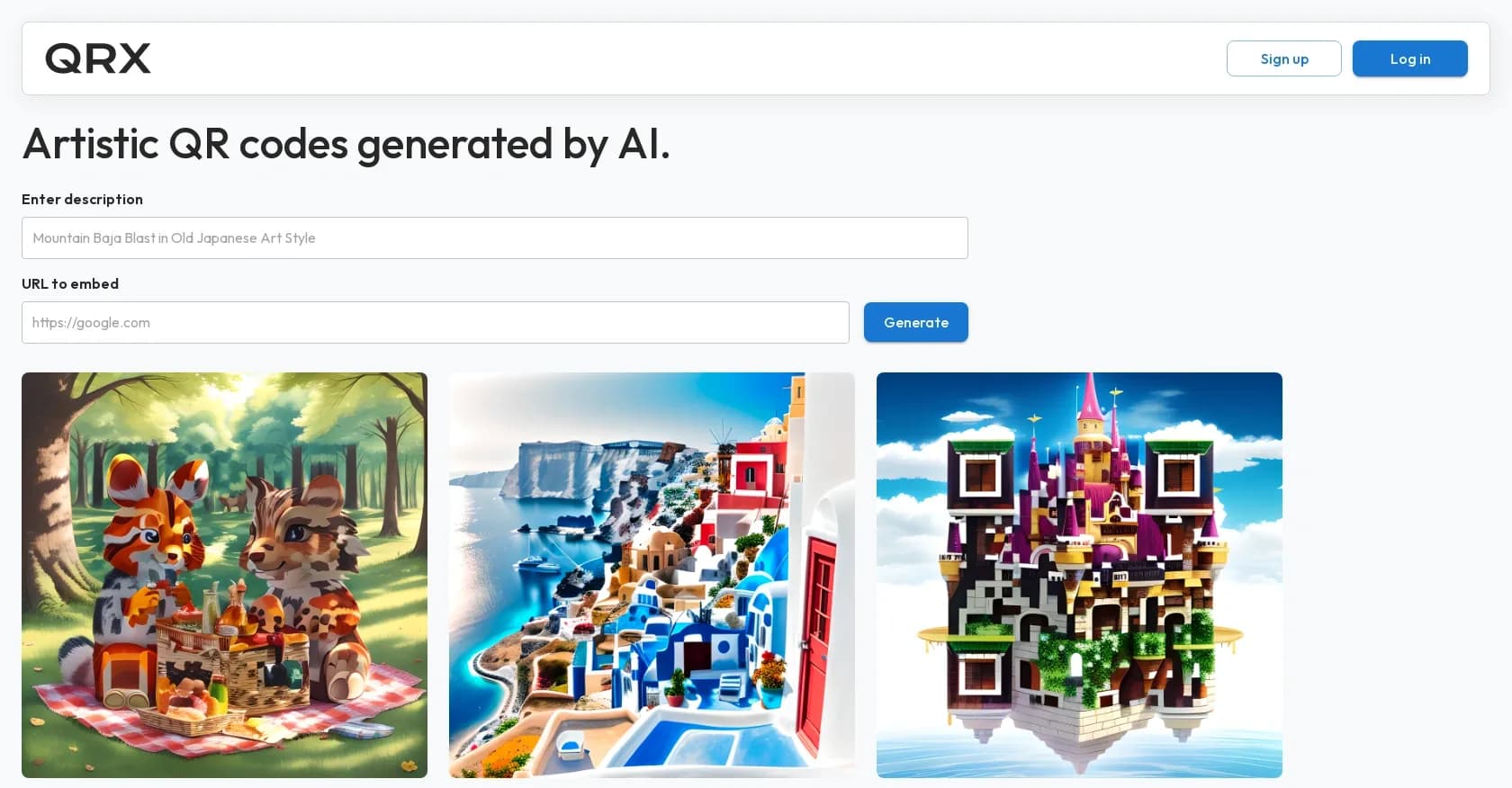 QRX Codes homepage screenshot — Create artistic QR codes with AI