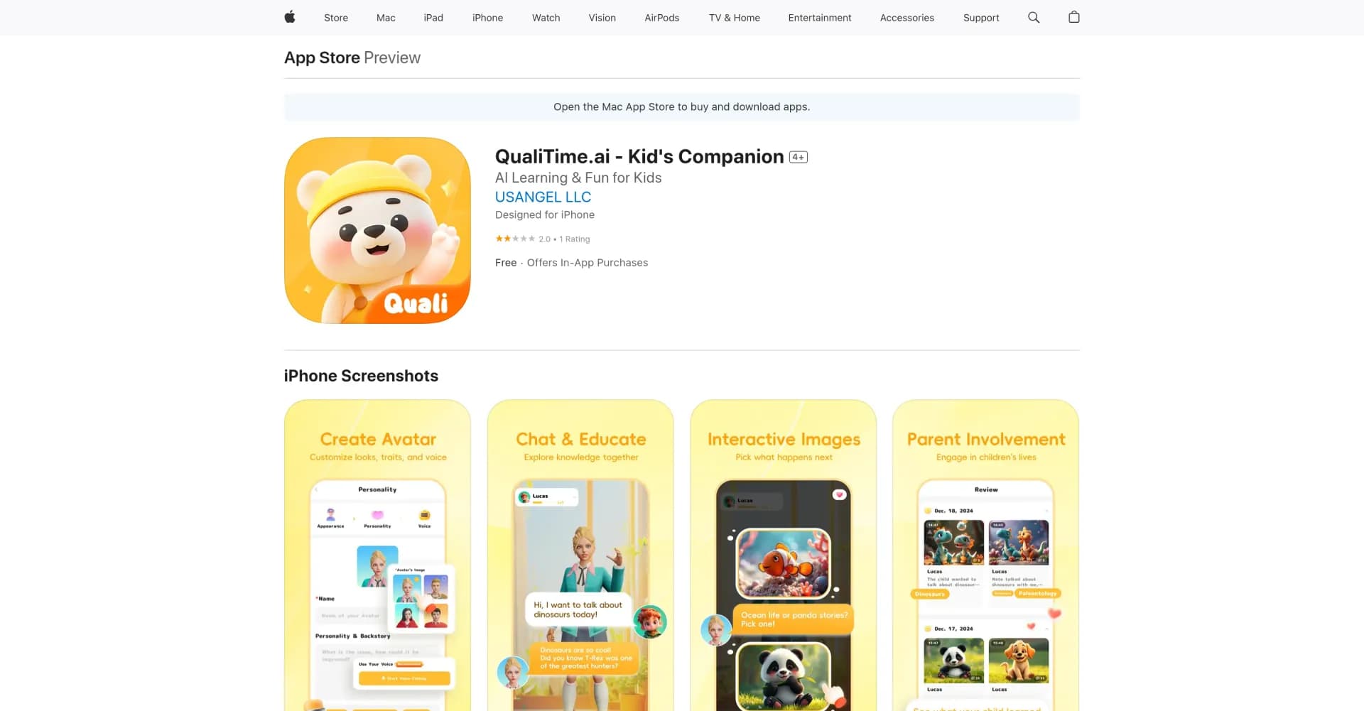QualiTime.ai - Kid's Companion homepage screenshot — AI-powered companion for kids' fun and learning