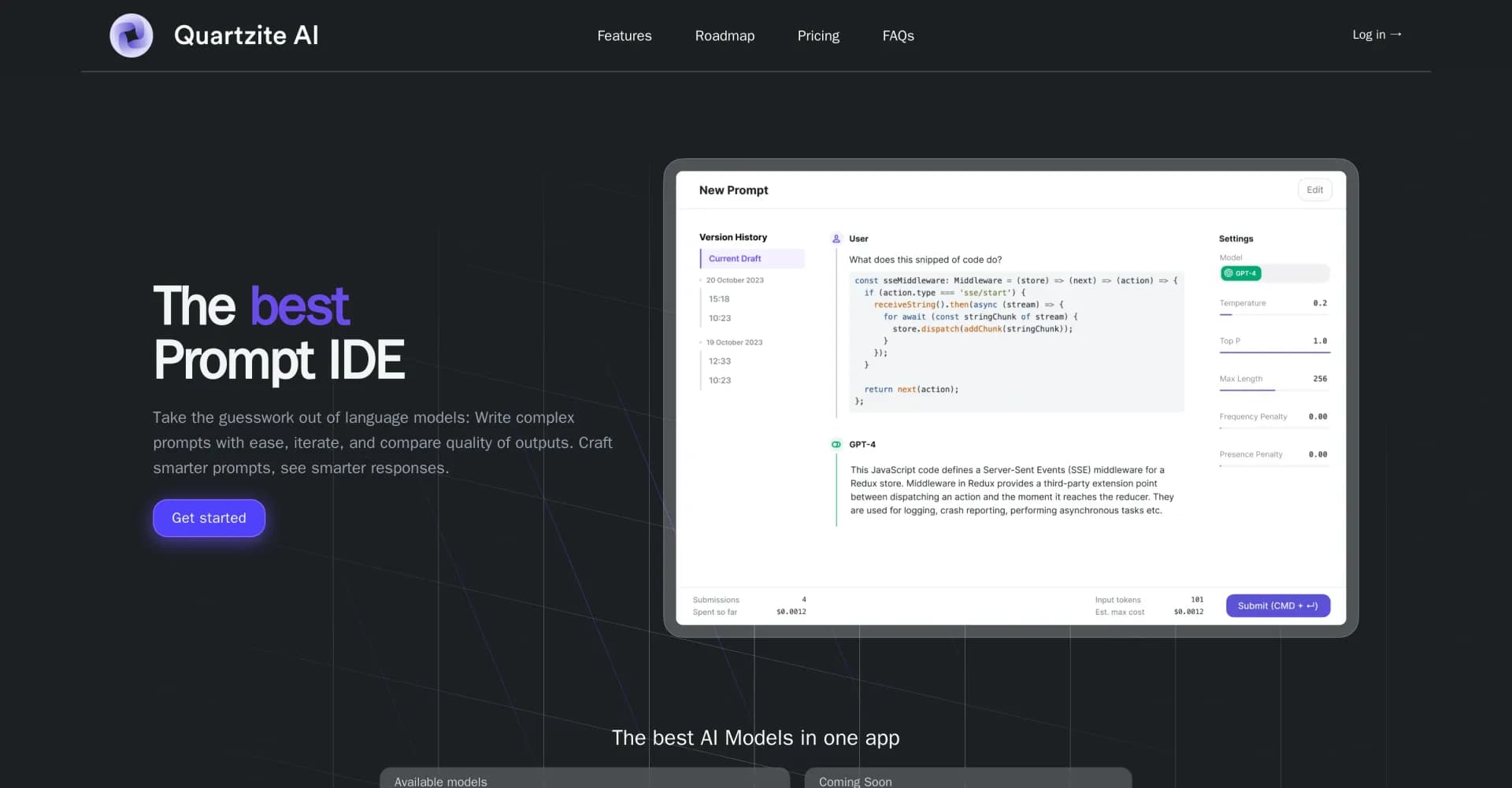 Quartzite homepage screenshot — Supercharge AI models with advanced prompt tools