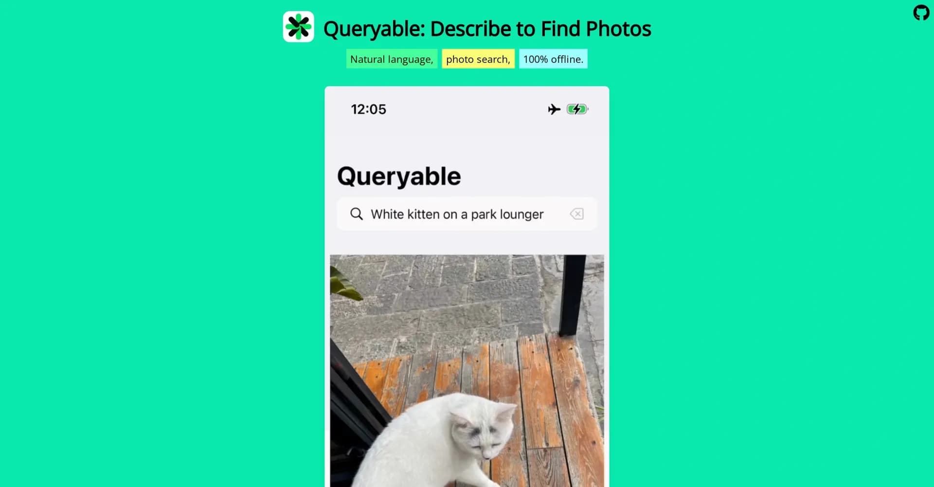 Queryable homepage screenshot — Find photos using natural language descriptions.