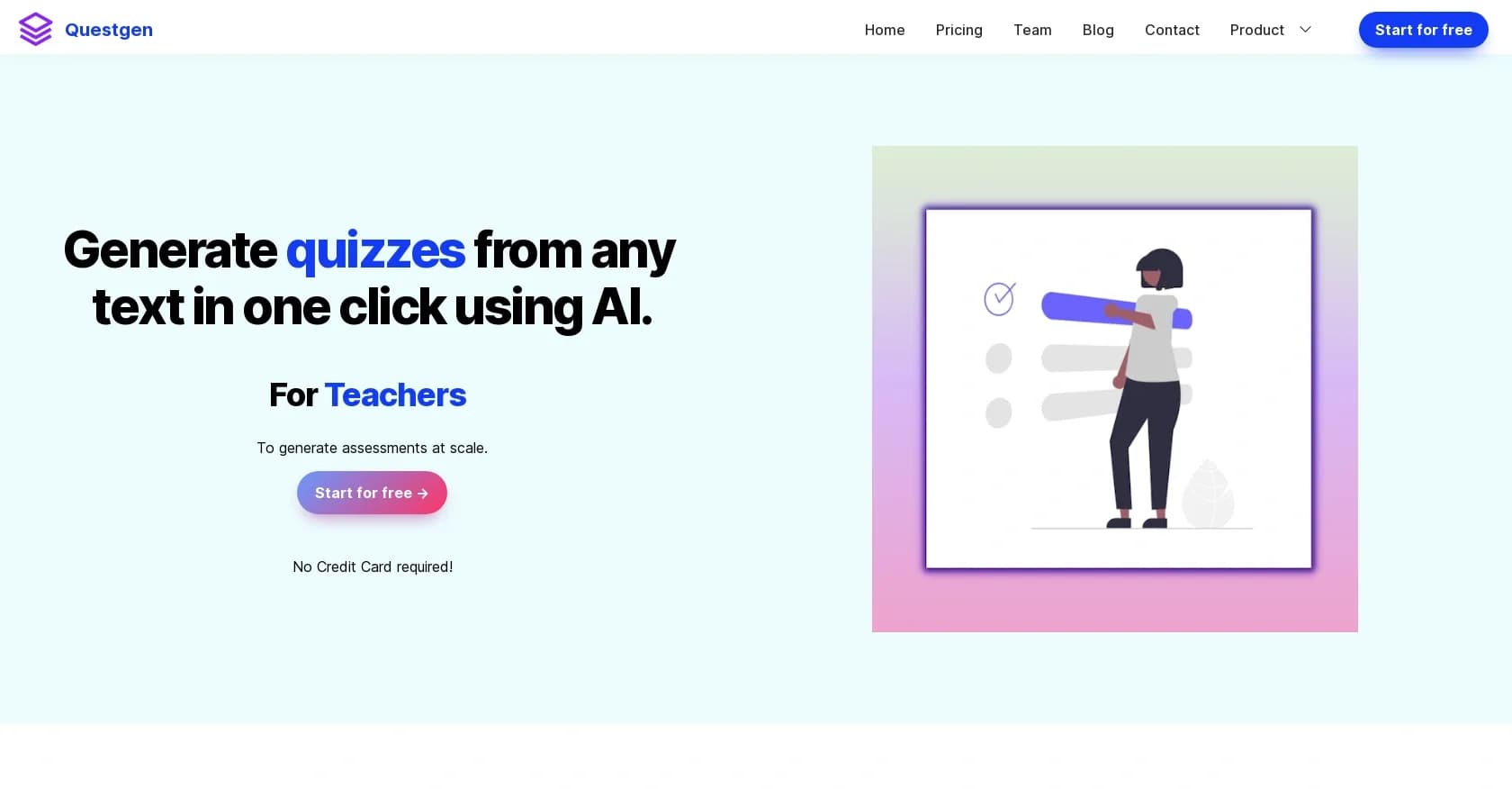 Questgen homepage screenshot — Generate quizzes from any text in seconds using AI.