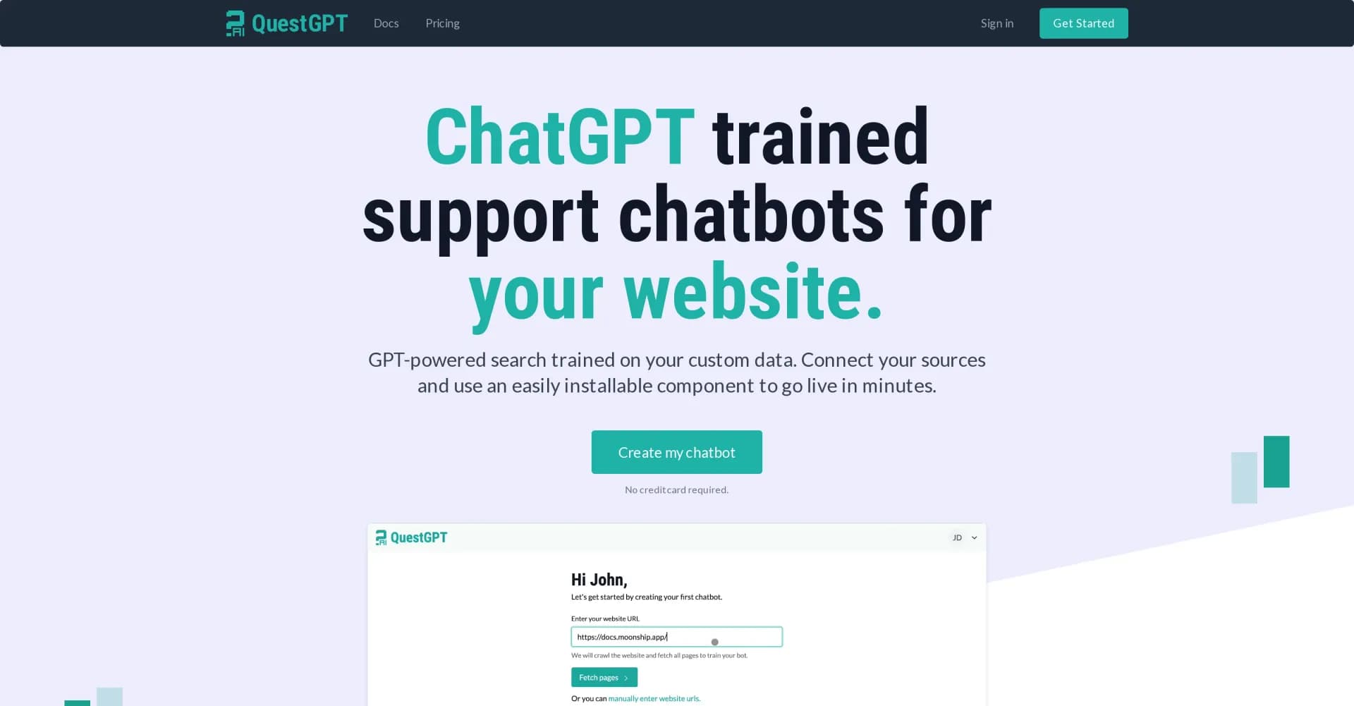 QuestGPT homepage screenshot — ChatGPT-trained support chatbots for your website