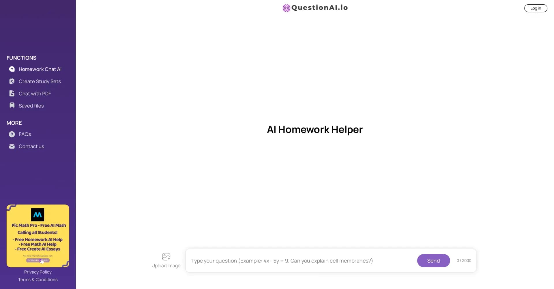 Question AI.io homepage screenshot — Ask AI for instant homework help.