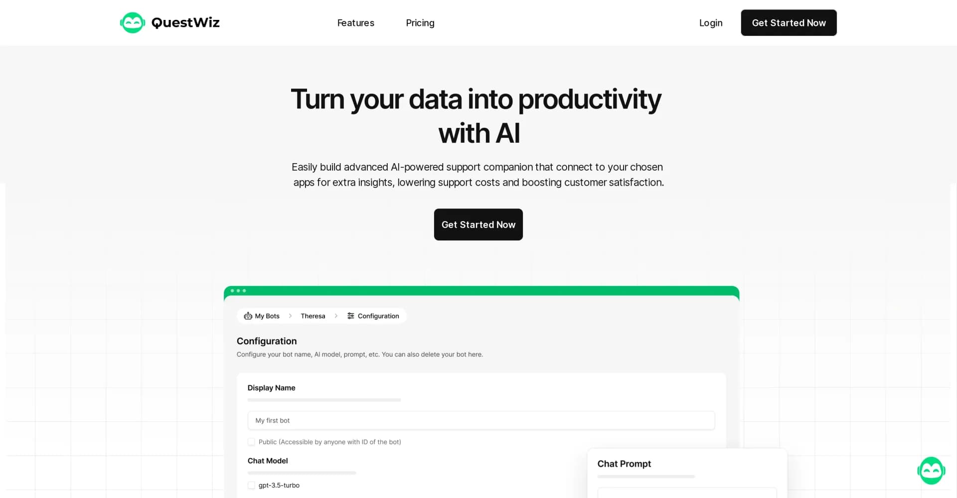 QuestWiz homepage screenshot — Easily build intelligent virtual assistants tailored to your