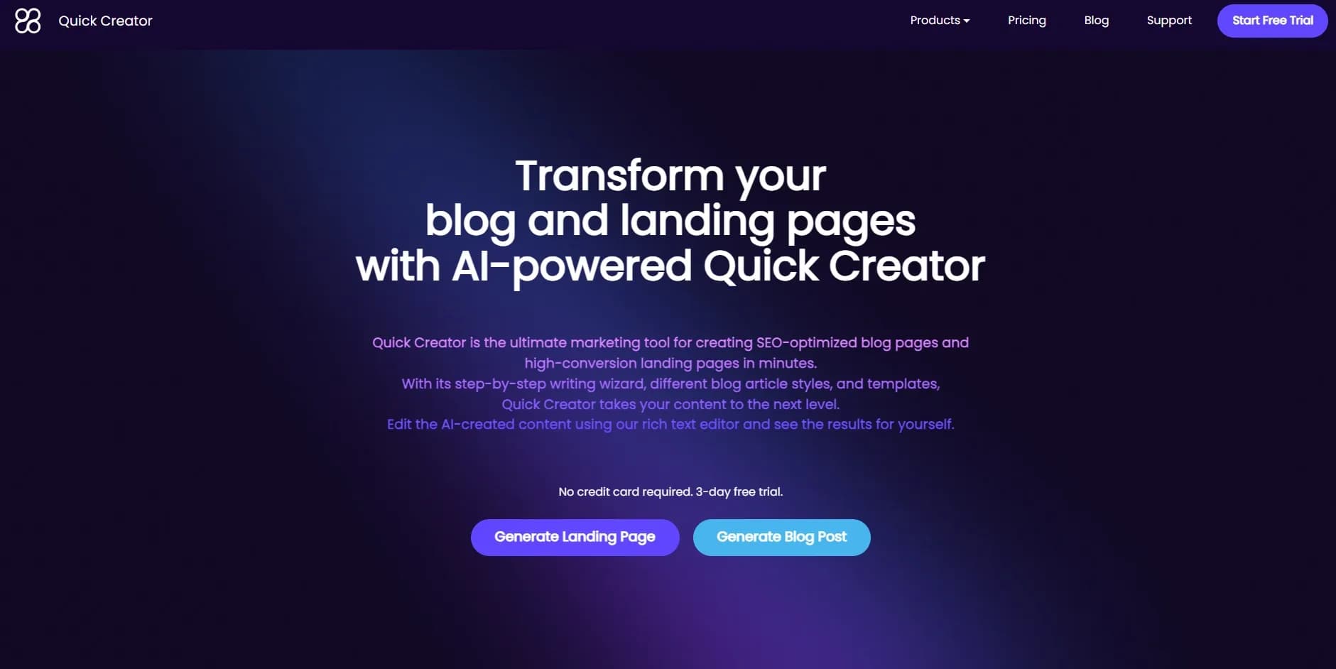 Quick Creator homepage screenshot — Enhanced SEO content creation and optimization.