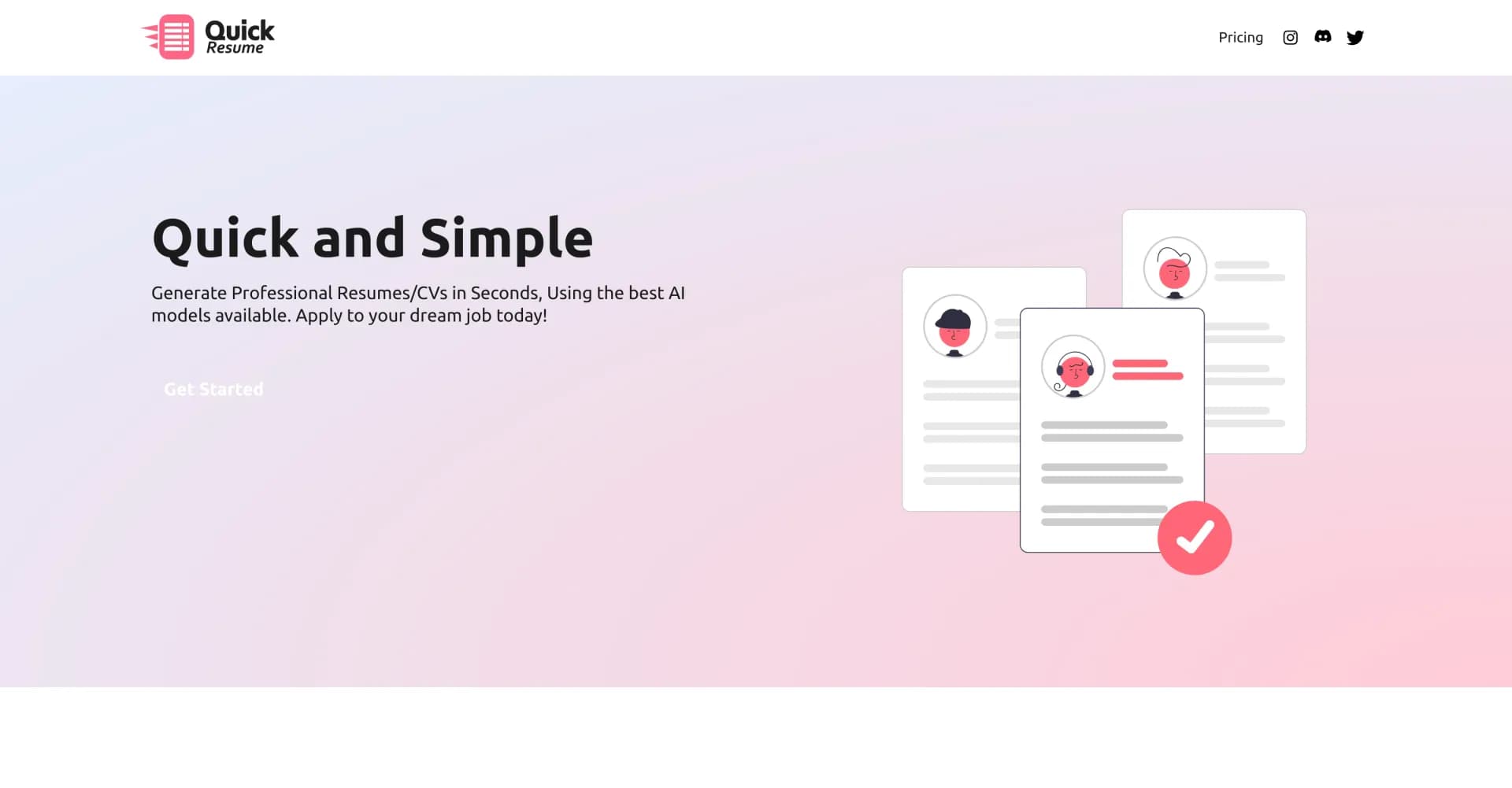 Quick Resume homepage screenshot — AI-powered, ATS-Readable resumes in seconds