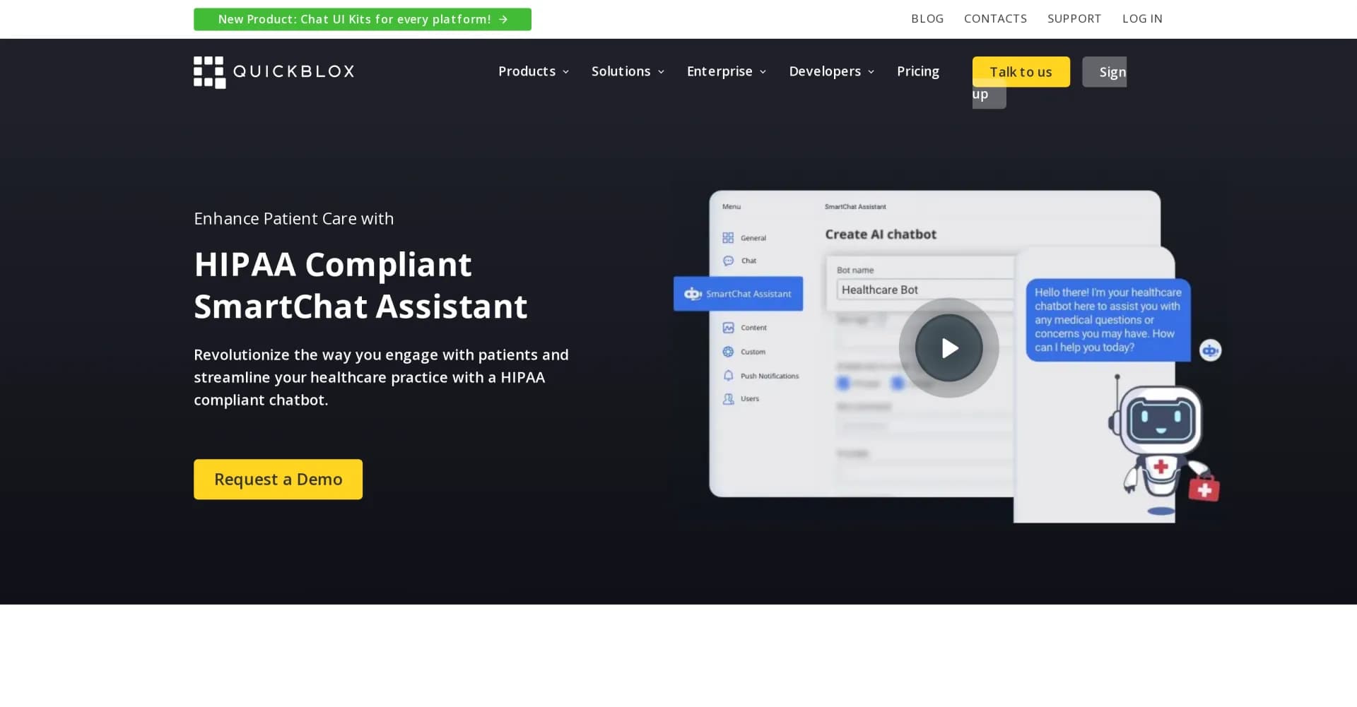 QuickBlox homepage screenshot — Empower healthcare with AI-driven communication solutions.